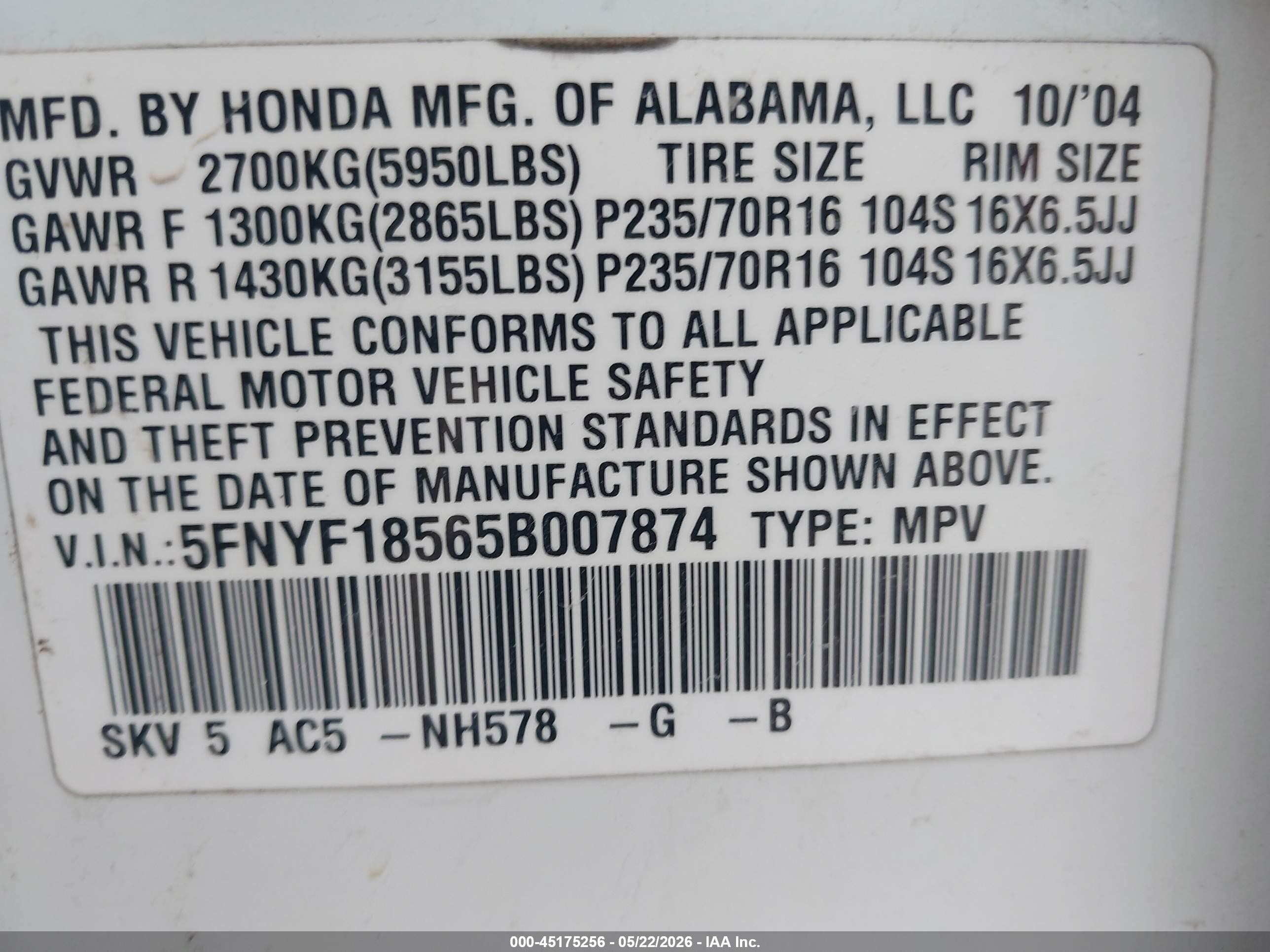 2005 Honda Pilot Ex-l White vin: 5FNYF18565B007874
