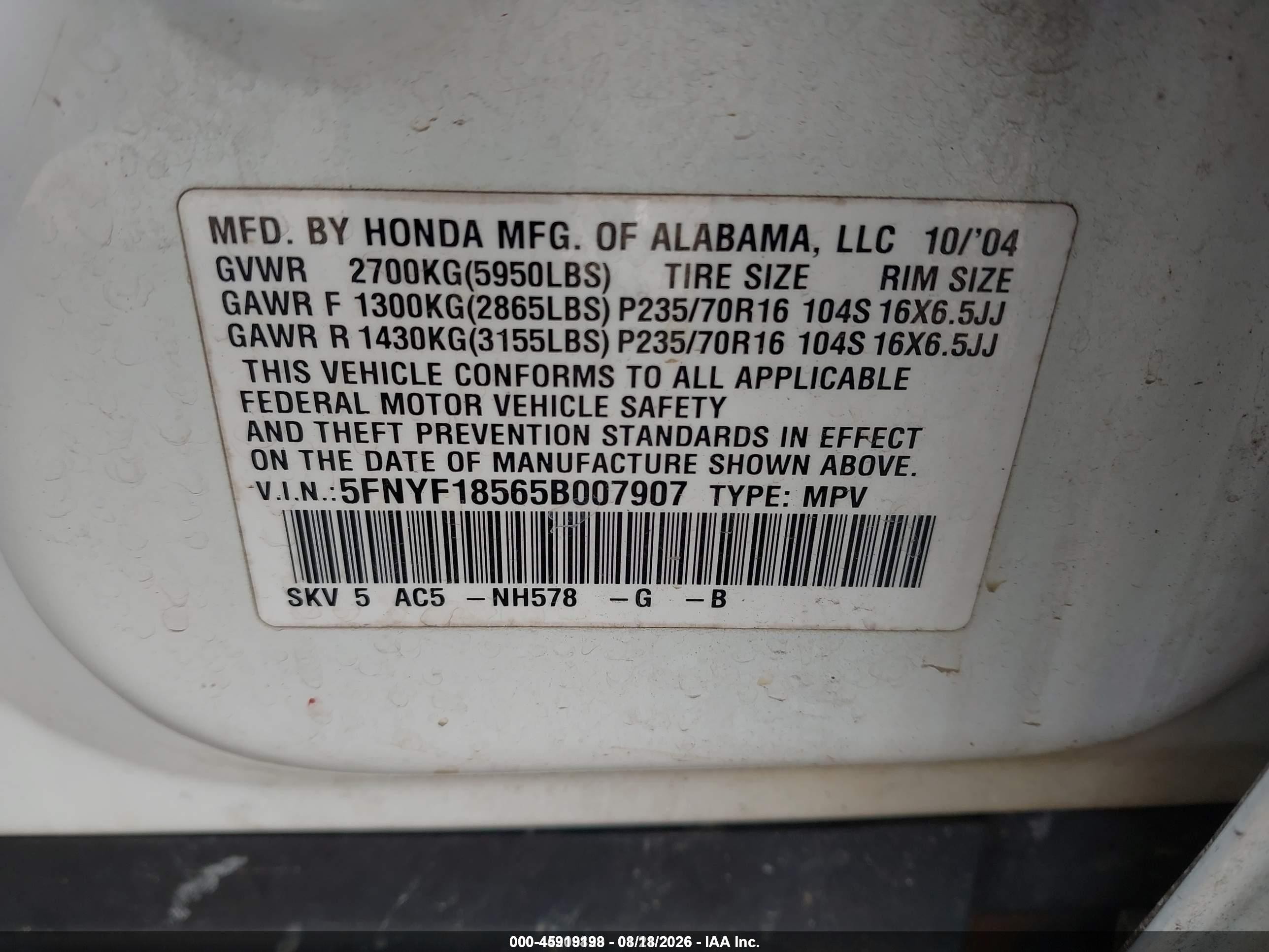 2005 Honda Pilot Ex-l White vin: 5FNYF18565B007907