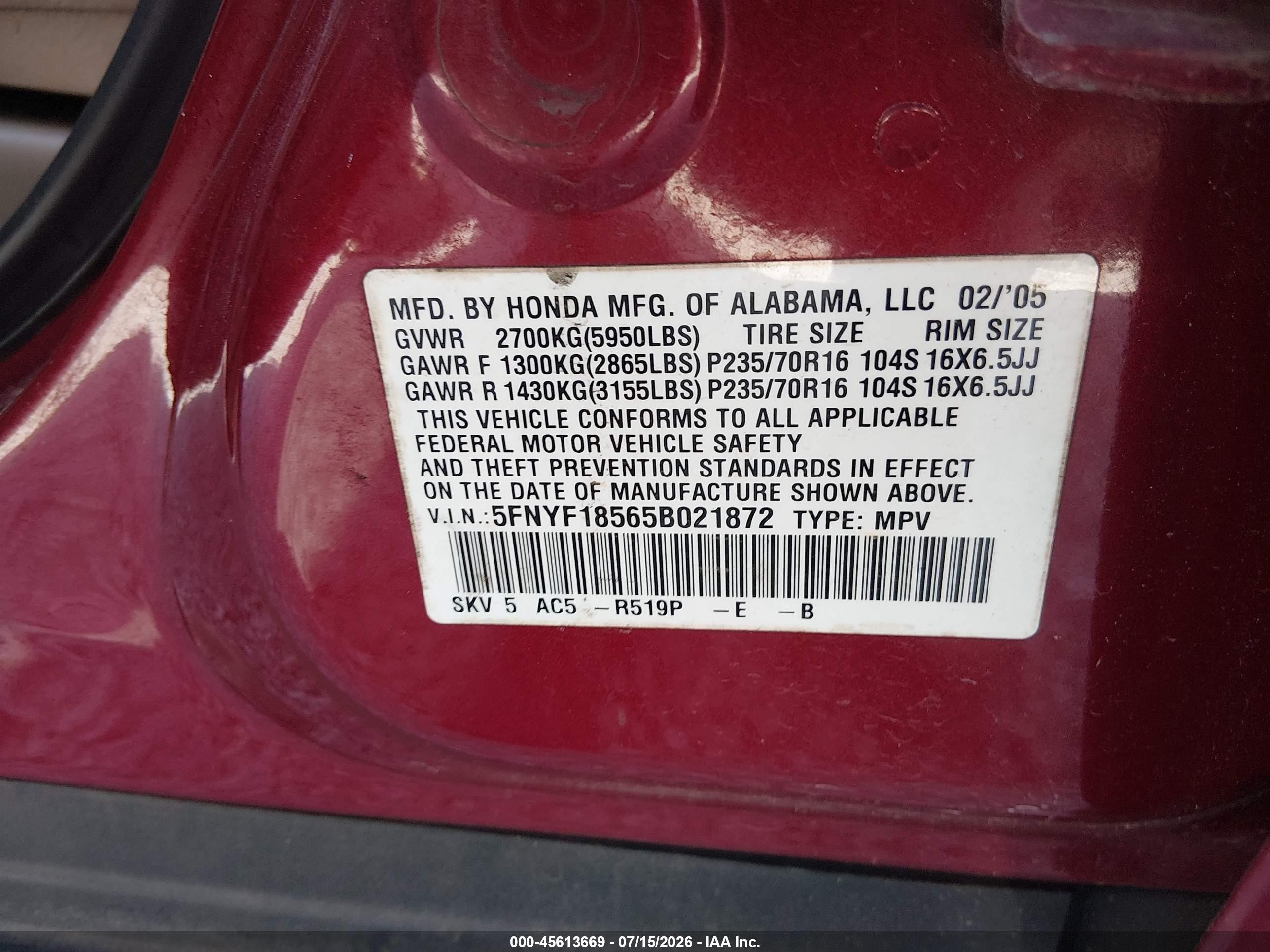 2005 Honda Pilot Ex-l Red vin: 5FNYF18565B021872