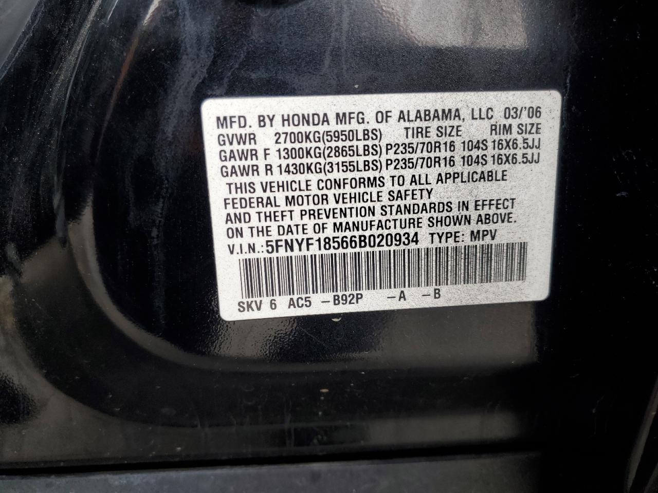 2006 Honda Pilot Ex Black vin: 5FNYF18566B020934