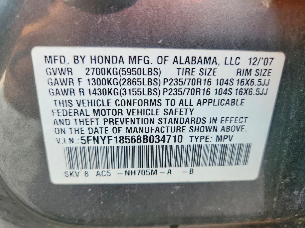 2008 Honda Pilot Exl Gray vin: 5FNYF18568B034710