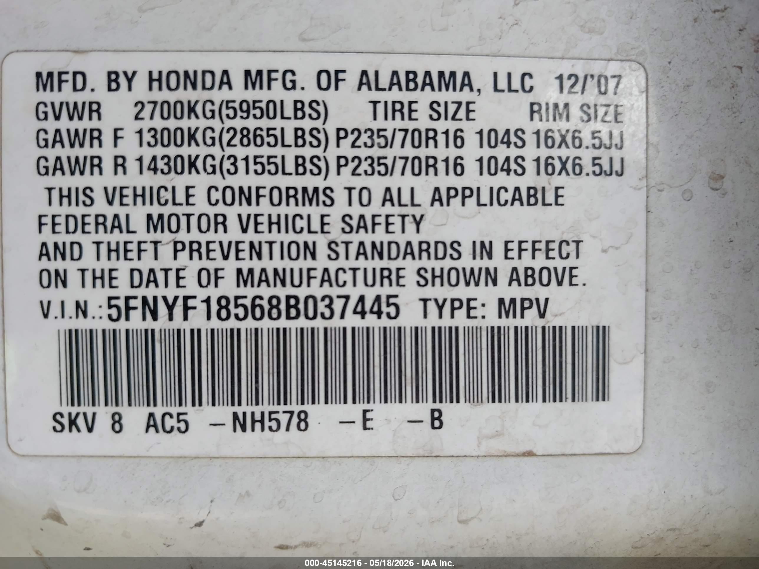 2008 Honda Pilot Ex-l White vin: 5FNYF18568B037445