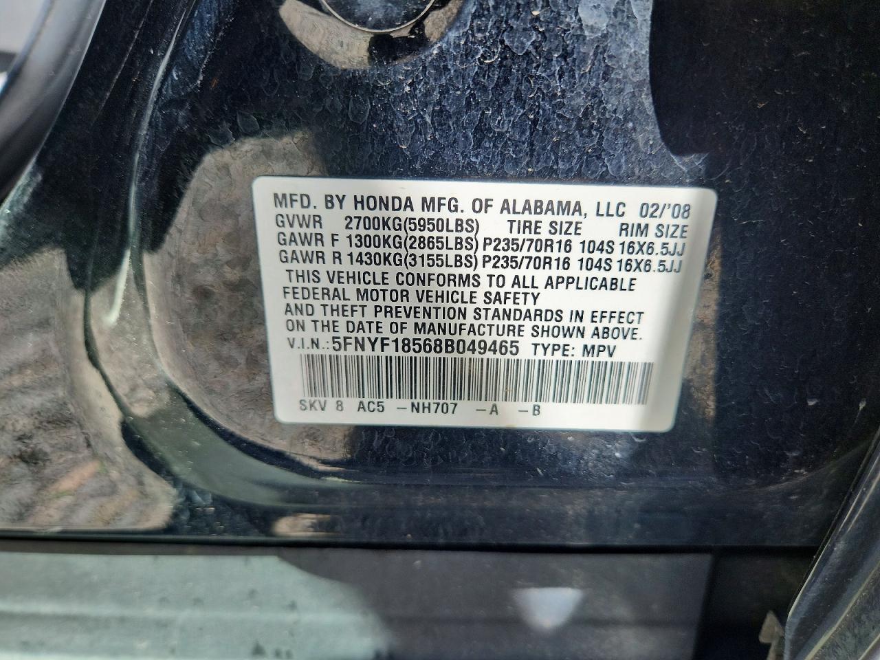 2008 Honda Pilot Exl Black vin: 5FNYF18568B049465
