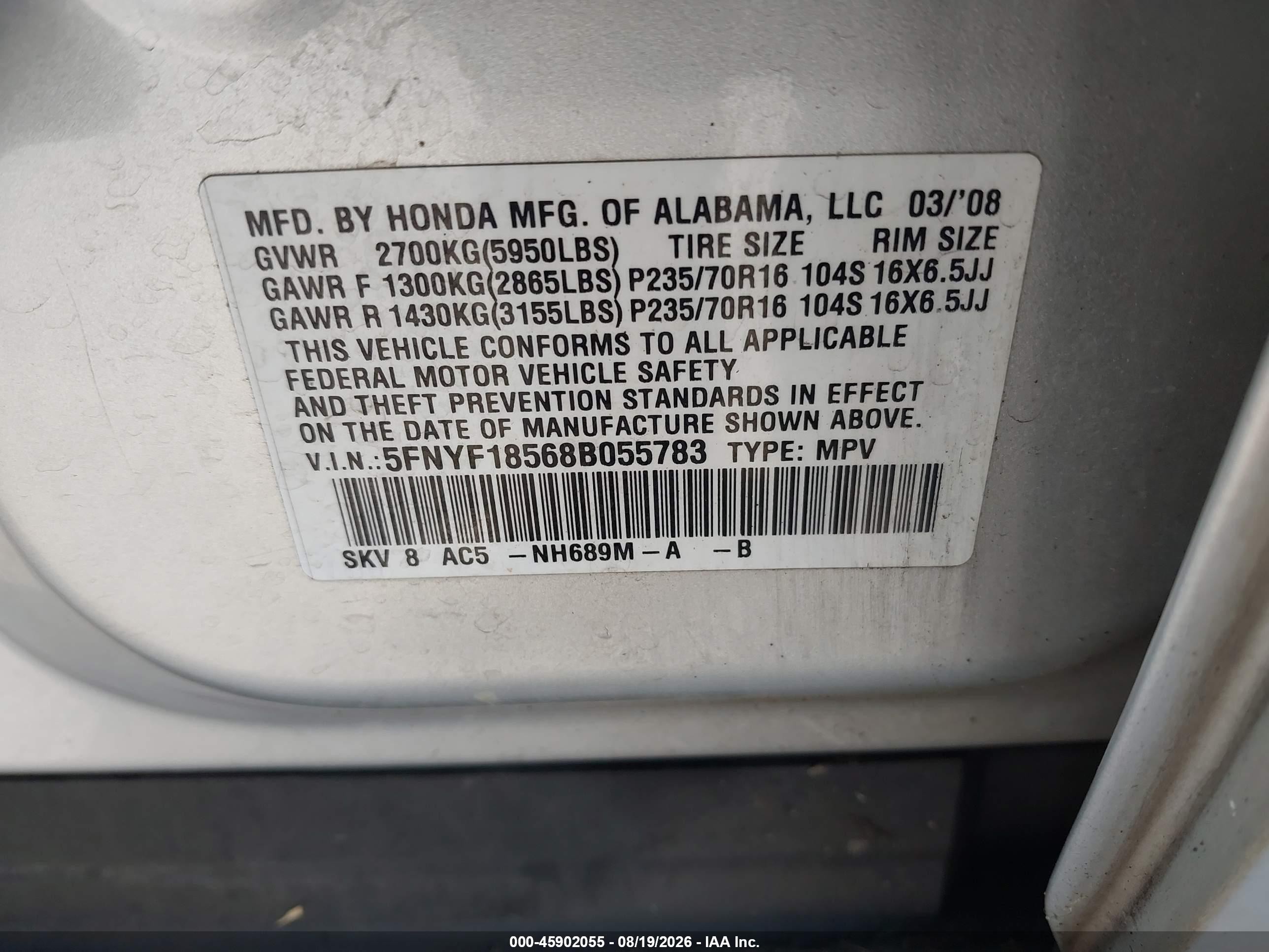 2008 Honda Pilot Ex-l Серебряный vin: 5FNYF18568B055783