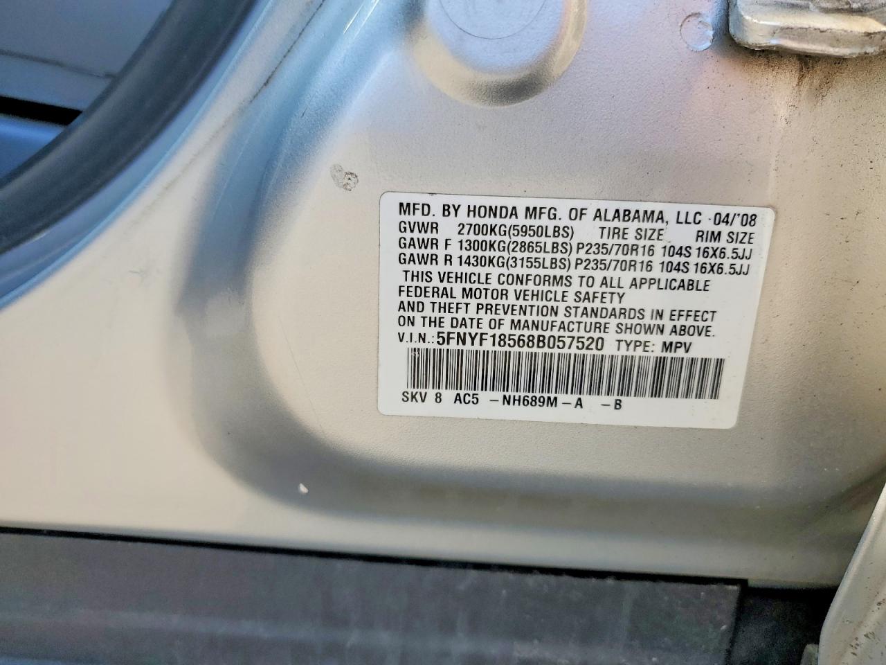 2008 Honda Pilot Exl Silver vin: 5FNYF18568B057520