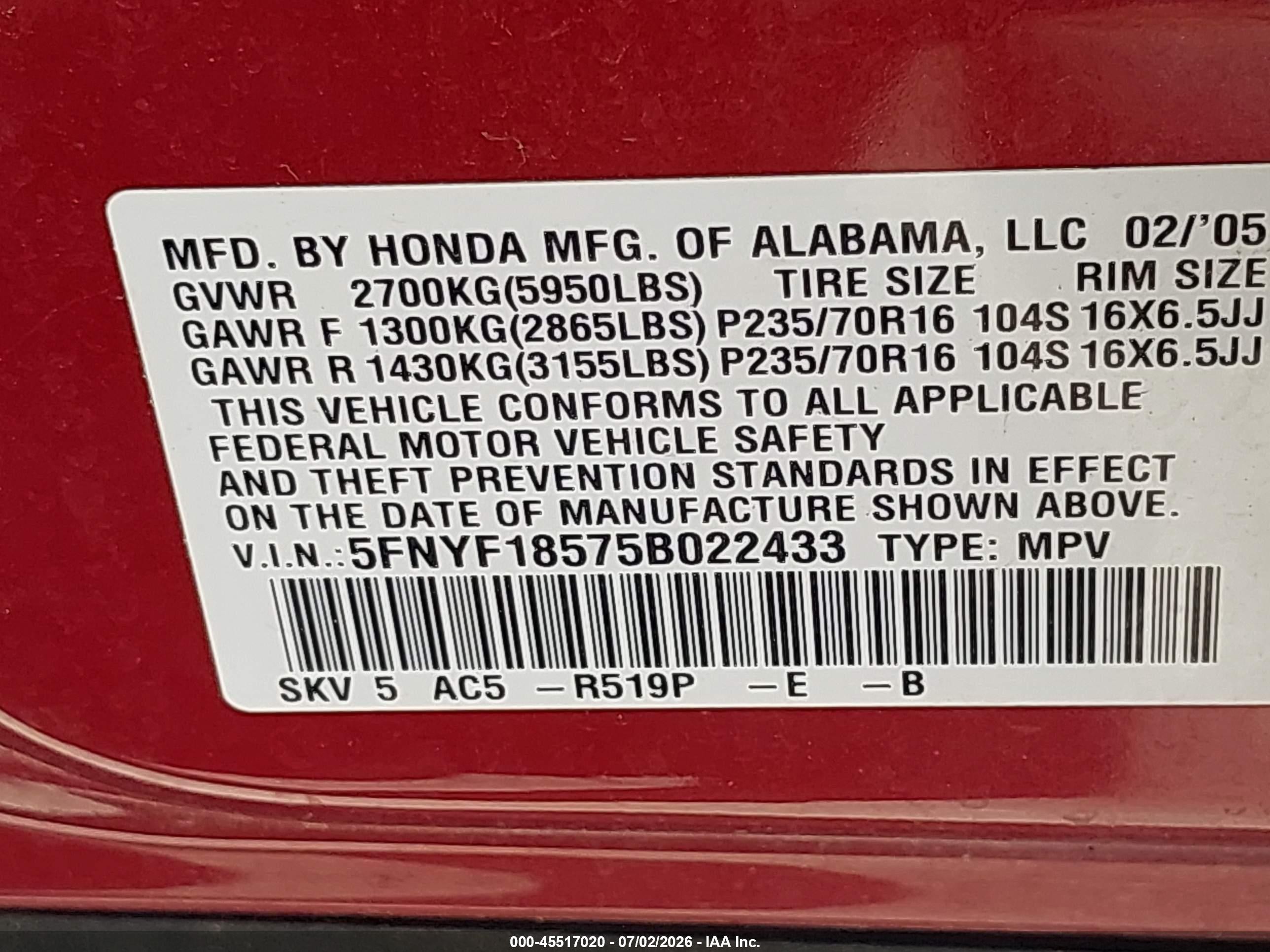 2005 Honda Pilot Ex-l Red vin: 5FNYF18575B022433