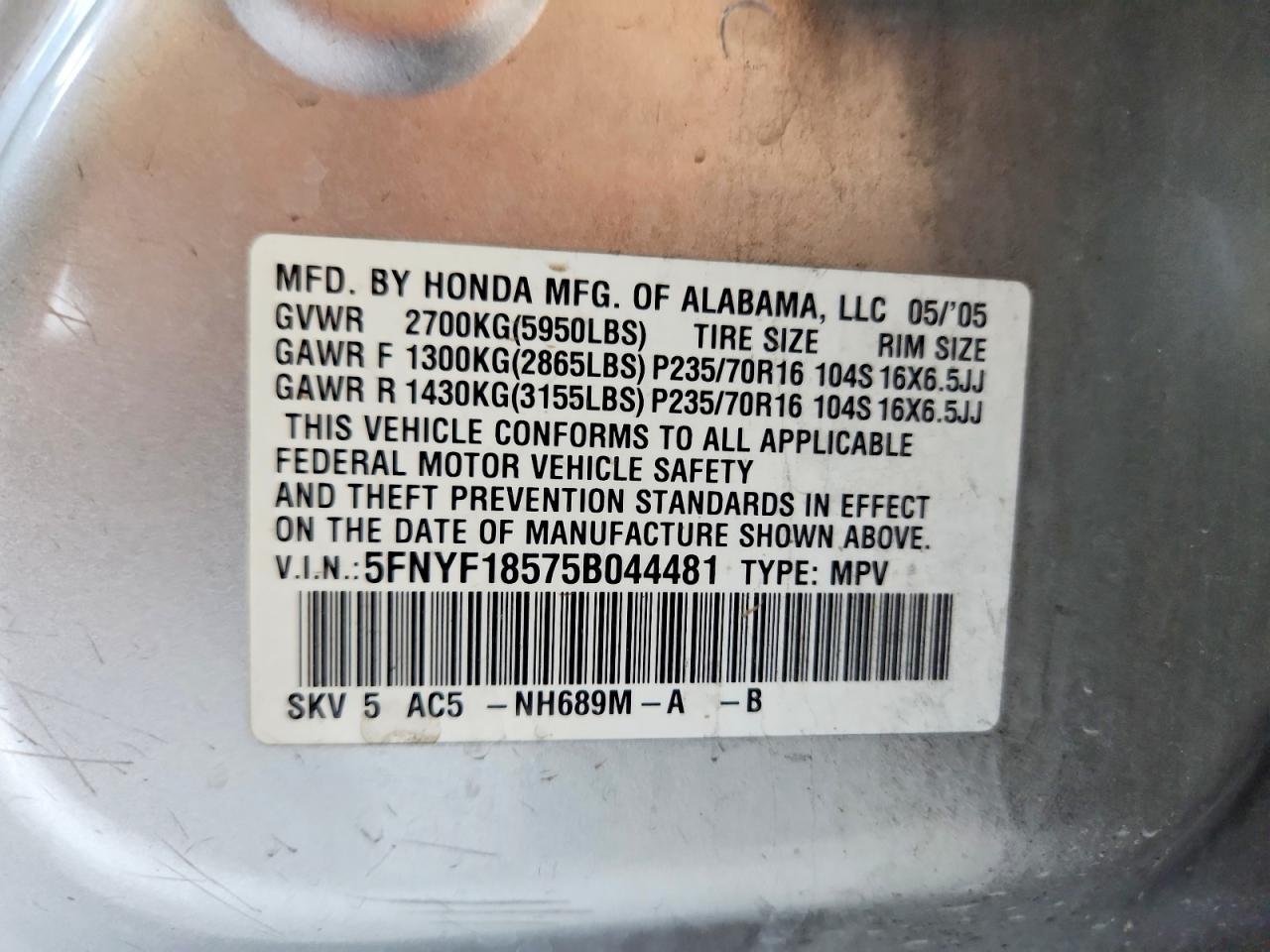 2005 Honda Pilot Exl Silver vin: 5FNYF18575B044481