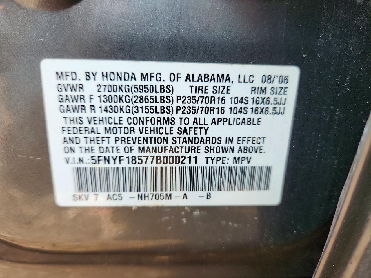2007 Honda Pilot Exl Gray vin: 5FNYF18577B000211