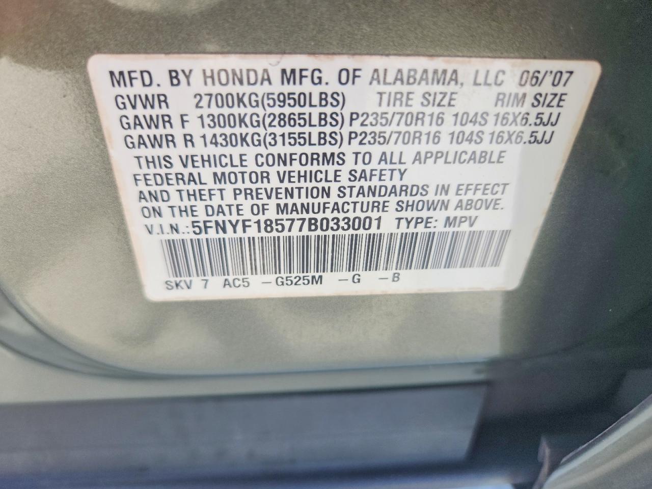 2007 Honda Pilot Exl Green vin: 5FNYF18577B033001