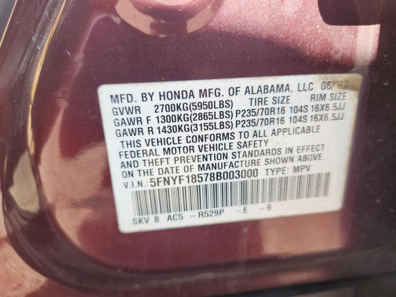 2008 Honda Pilot Exl Brown vin: 5FNYF18578B003000