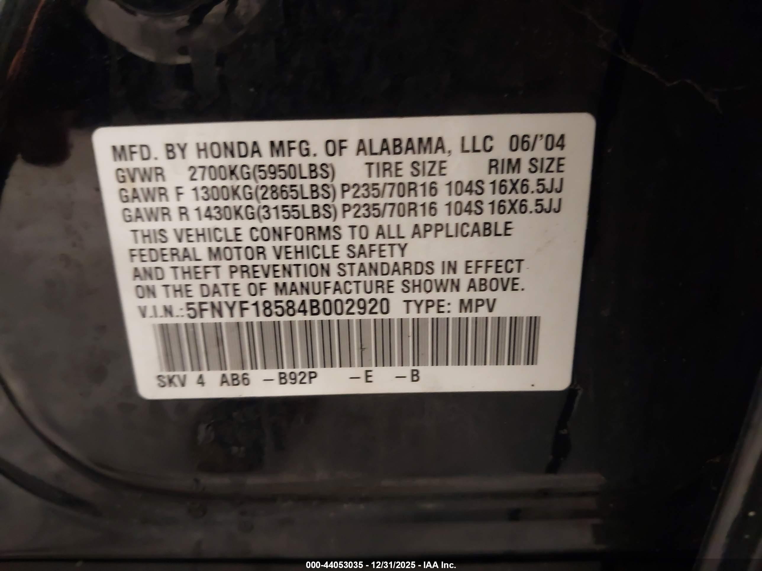 2004 Honda Pilot Ex-l Black vin: 5FNYF18584B002920