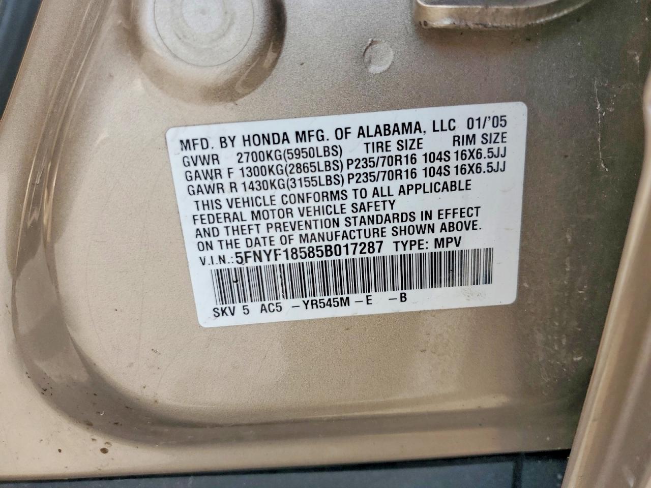 2005 Honda Pilot Exl Золотой vin: 5FNYF18585B017287