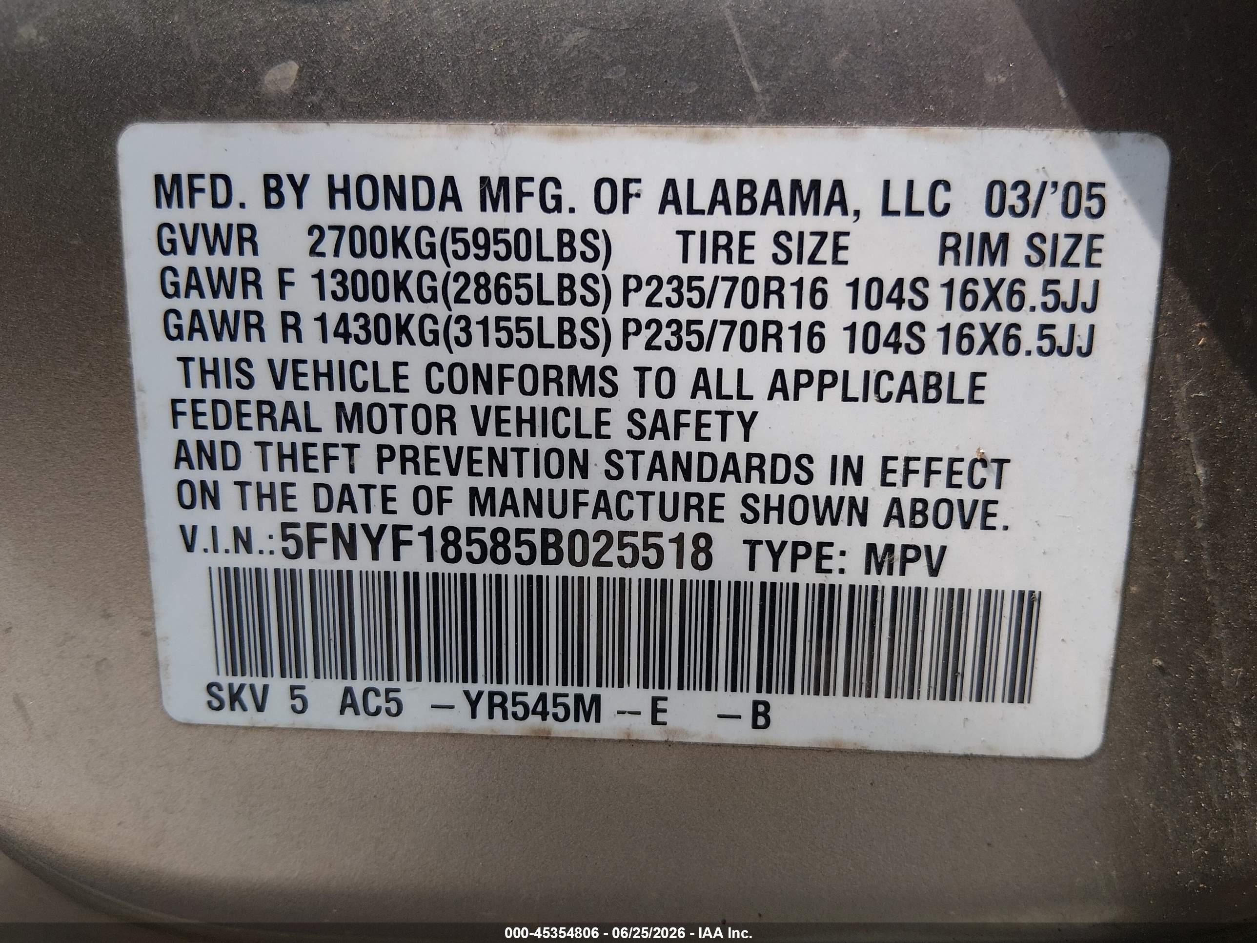 2005 Honda Pilot Ex-l Gold vin: 5FNYF18585B025518