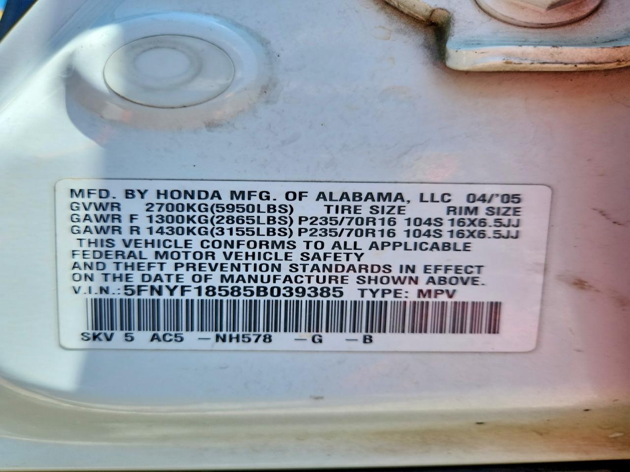 2005 Honda Pilot Exl White vin: 5FNYF18585B039385