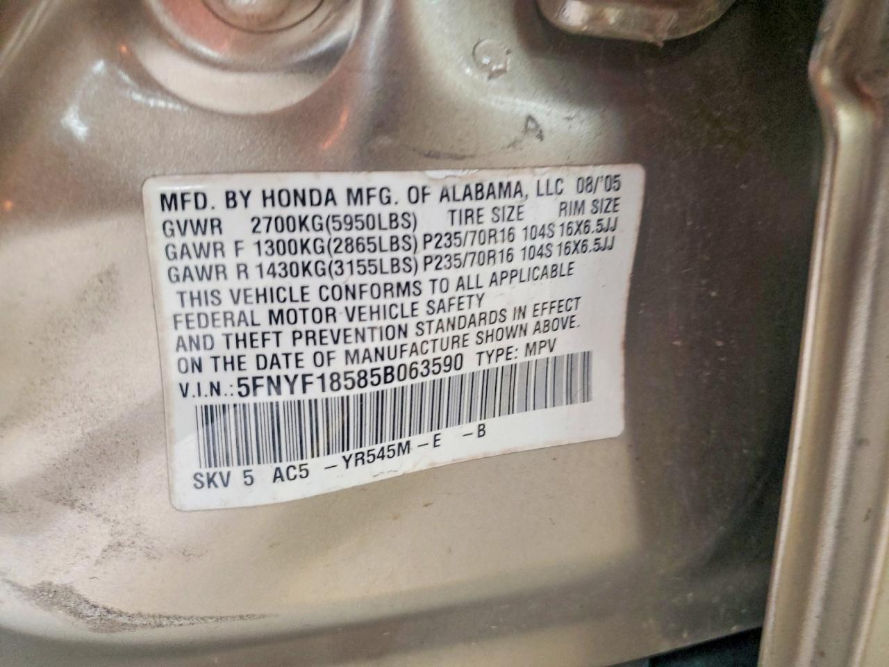 2005 Honda Pilot Exl Золотой vin: 5FNYF18585B063590