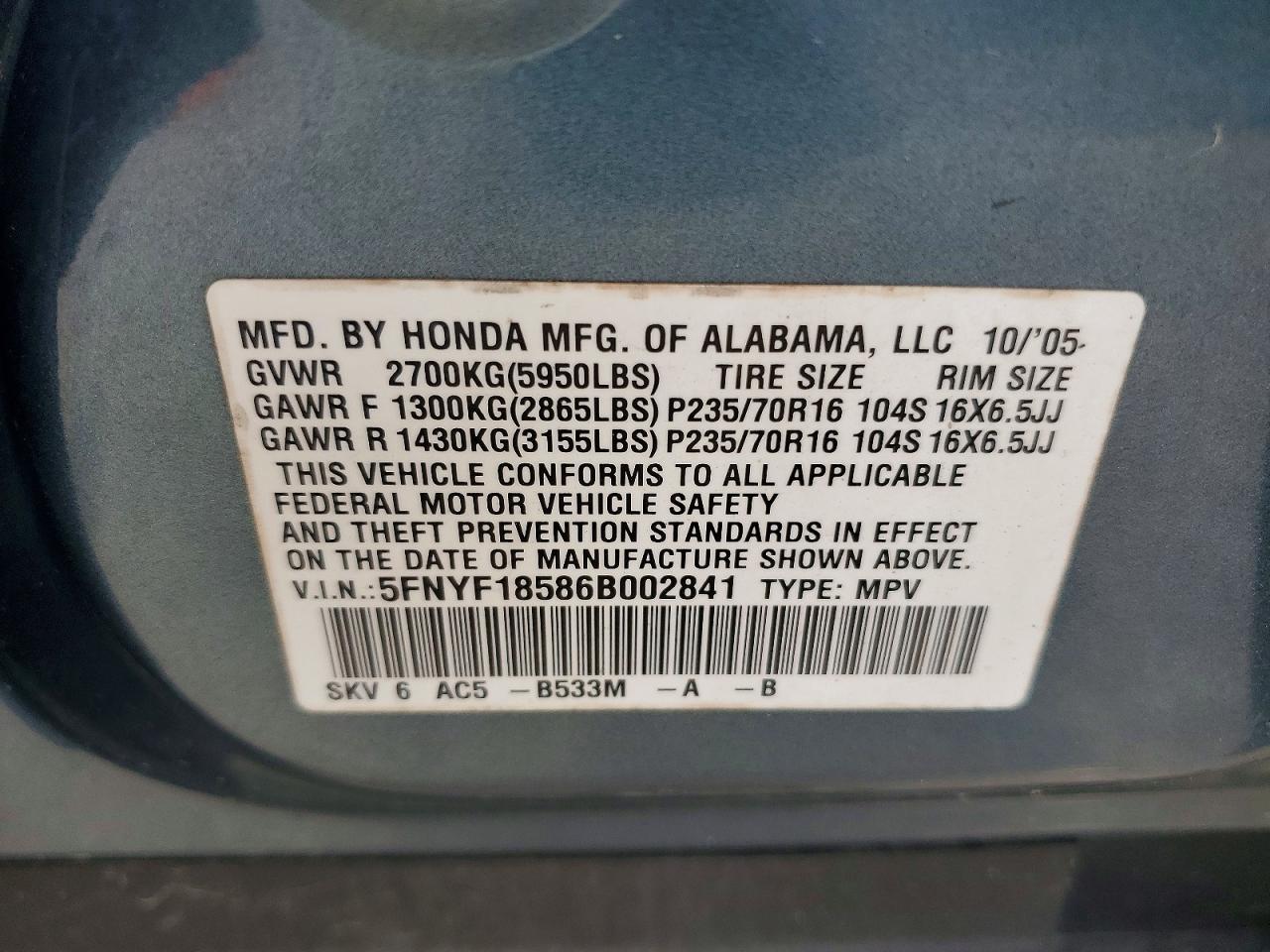 2006 Honda Pilot Ex Blue vin: 5FNYF18586B002841