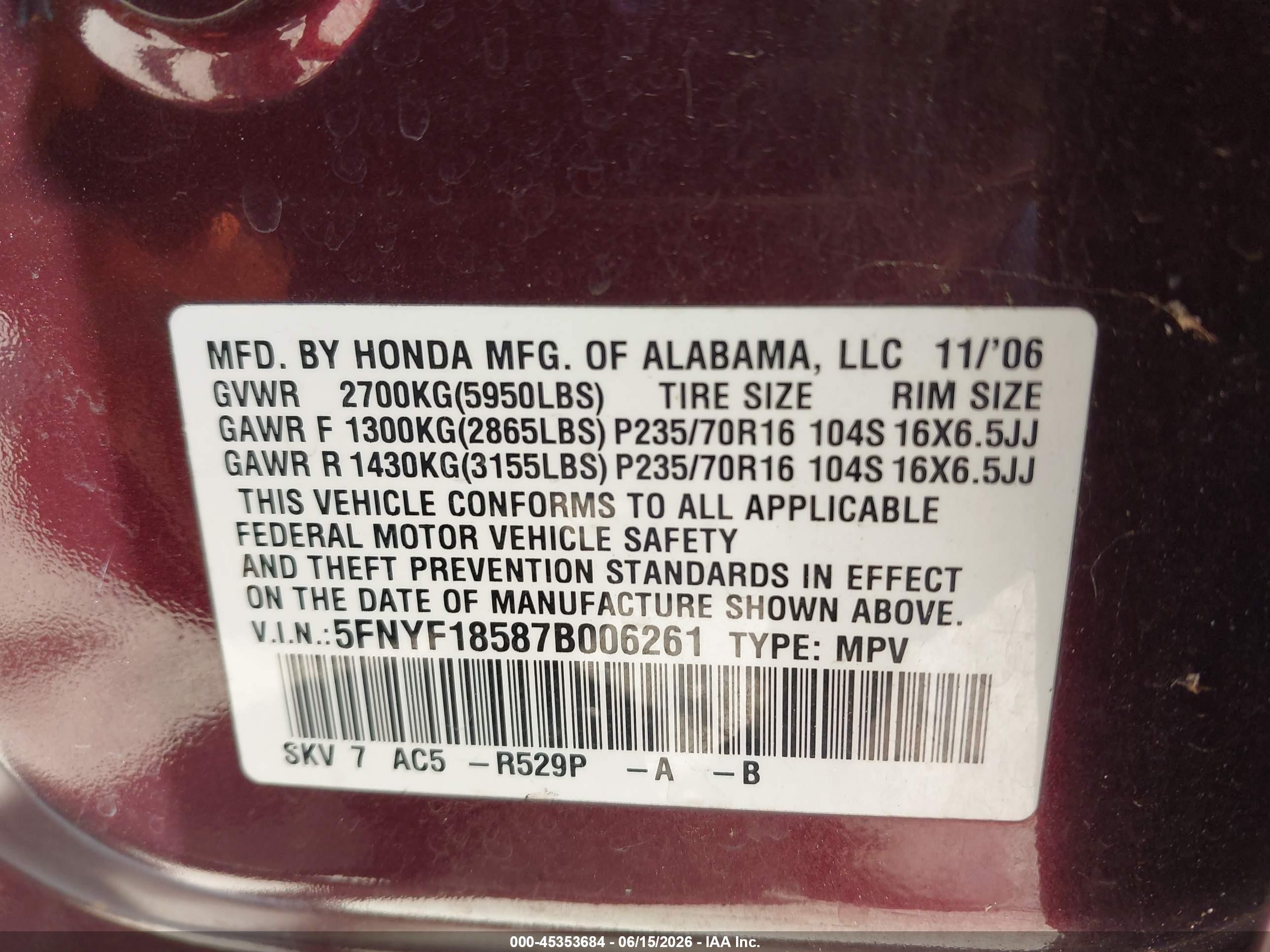 2007 Honda Pilot Ex-l Maroon vin: 5FNYF18587B006261