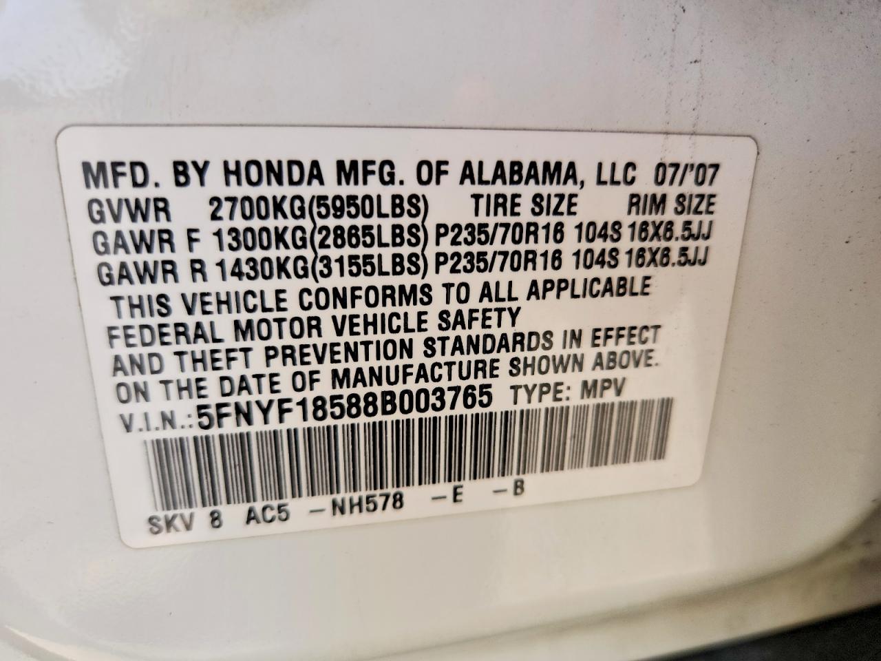 2008 Honda Pilot Exl Белый vin: 5FNYF18588B003765