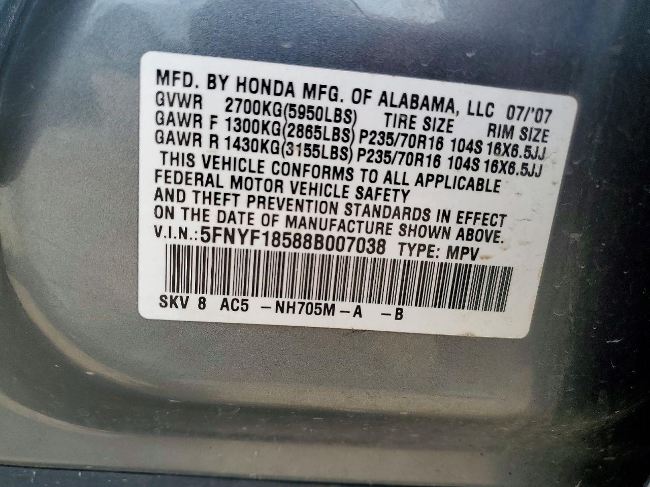 2008 Honda Pilot Exl Gray vin: 5FNYF18588B007038