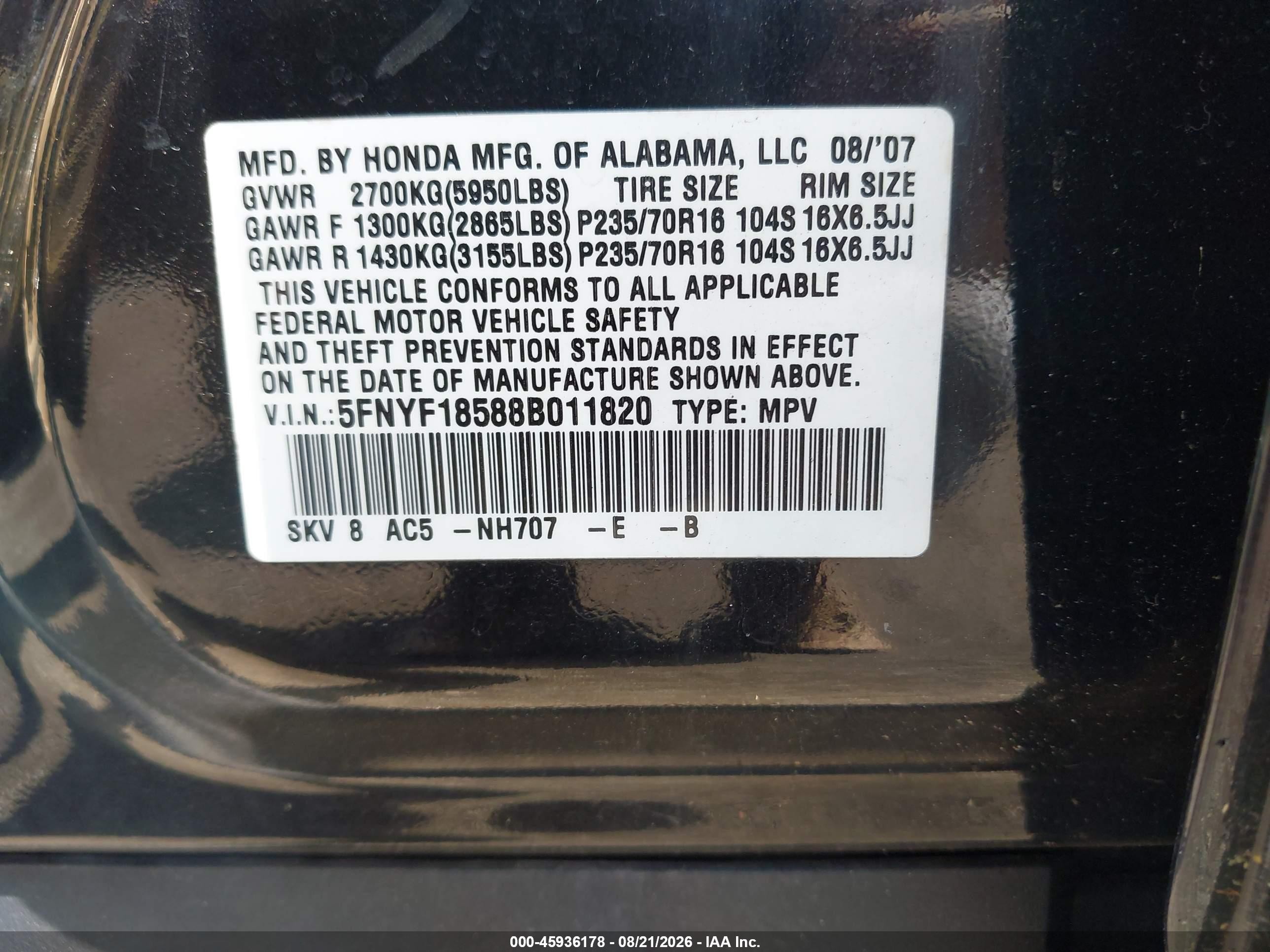 2008 Honda Pilot Ex-l Черный vin: 5FNYF18588B011820