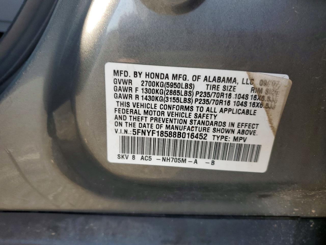 2008 Honda Pilot Exl Gray vin: 5FNYF18588B016452