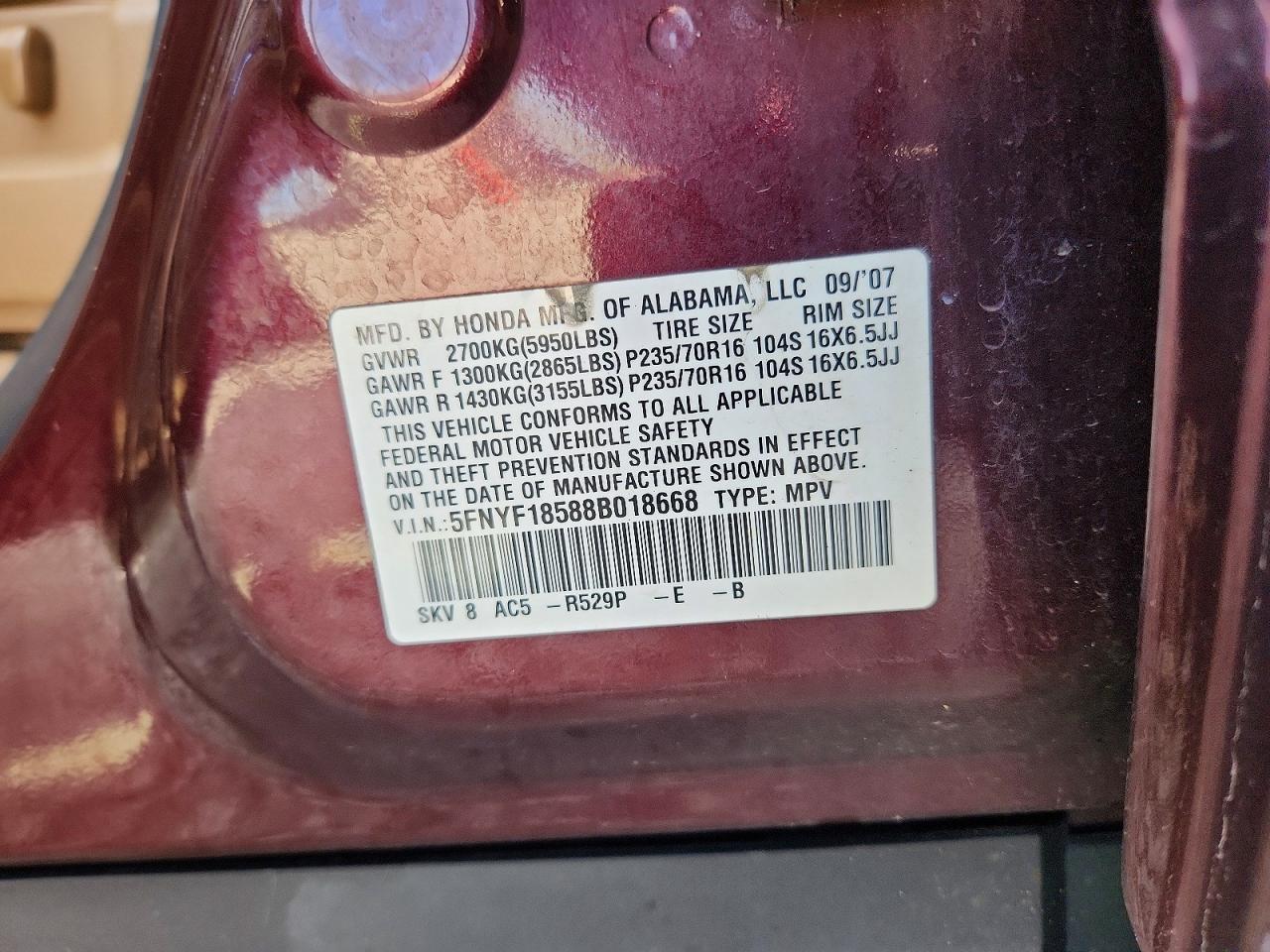 2008 Honda Pilot Exl Burgundy vin: 5FNYF18588B018668