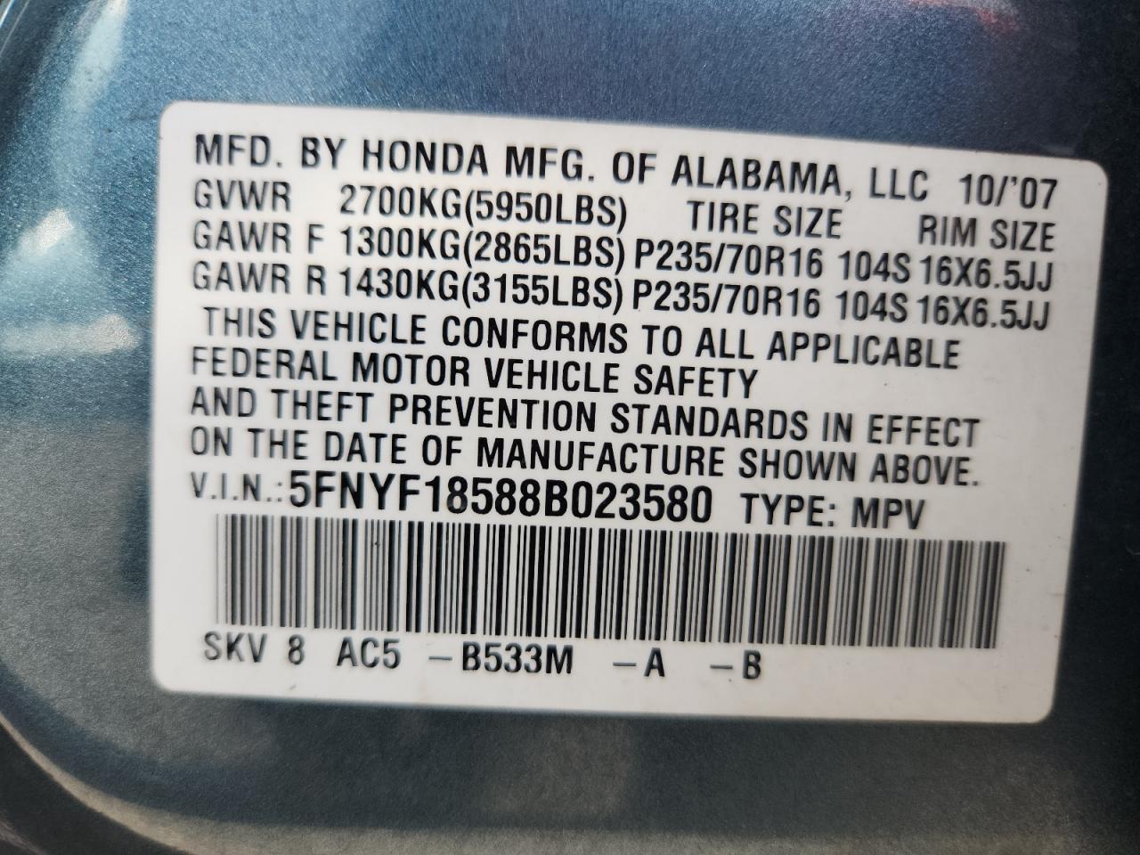 2008 Honda Pilot Exl Teal vin: 5FNYF18588B023580