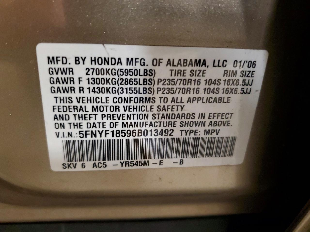 2006 Honda Pilot Ex Бежевый vin: 5FNYF18596B013492