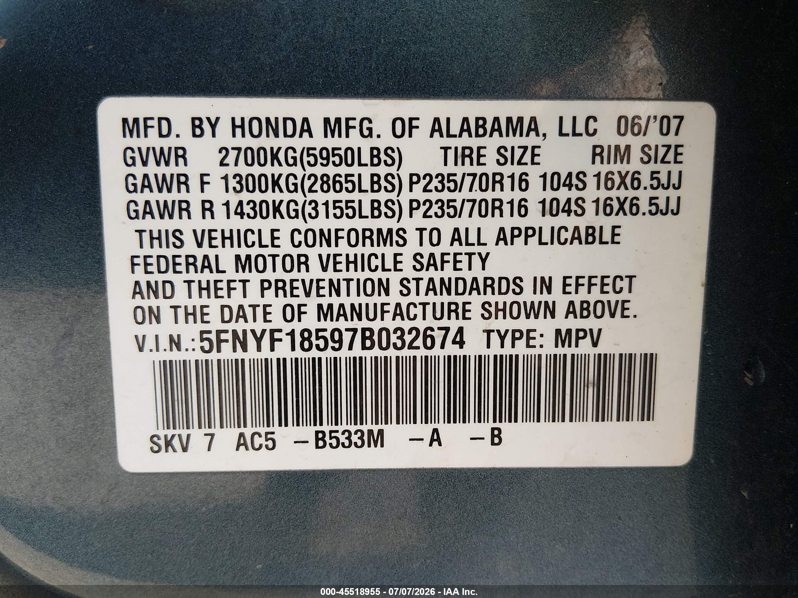 2007 Honda Pilot Exl Blue vin: 5FNYF18597B032674