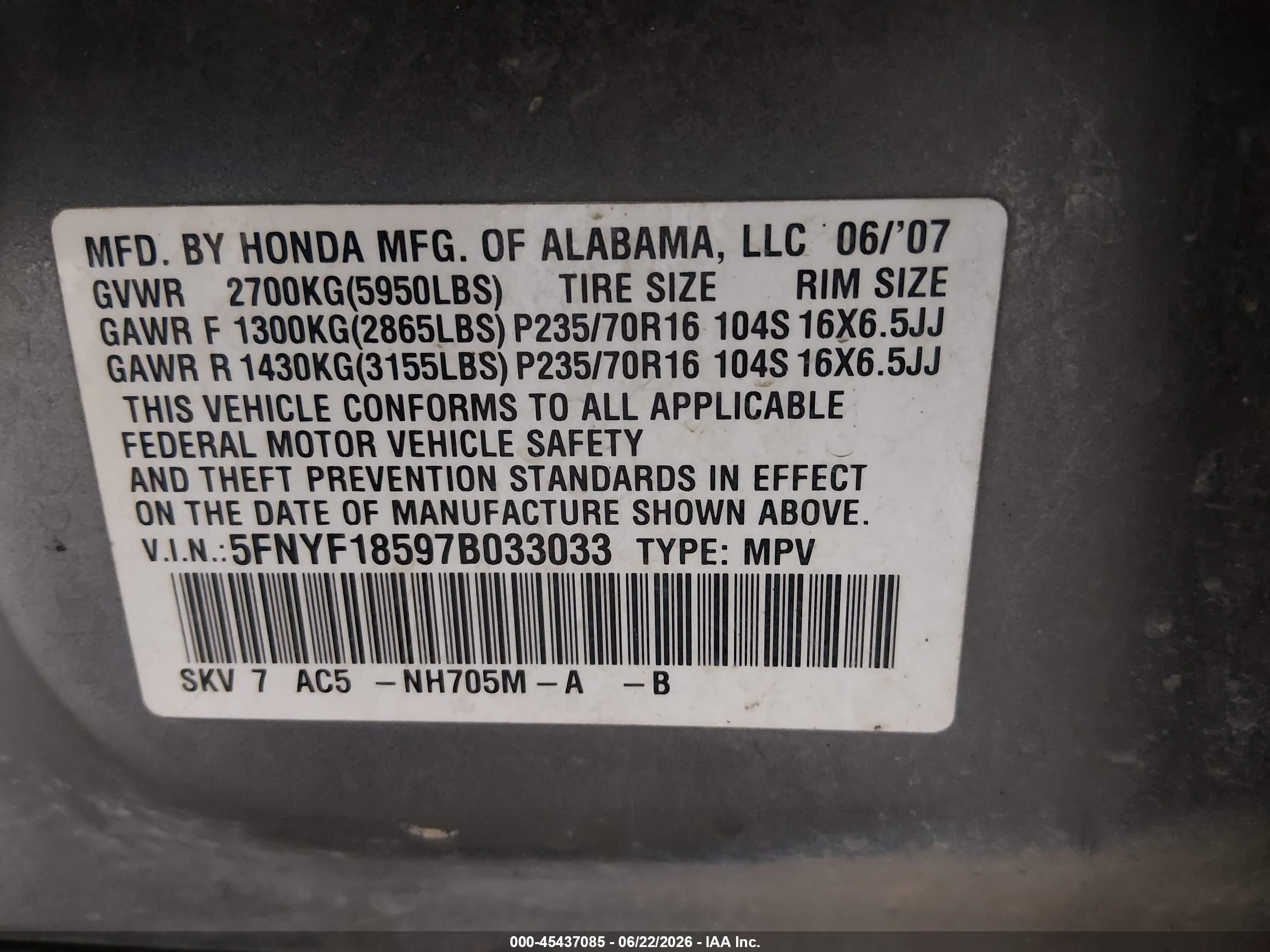 2007 Honda Pilot Exl Gray vin: 5FNYF18597B033033