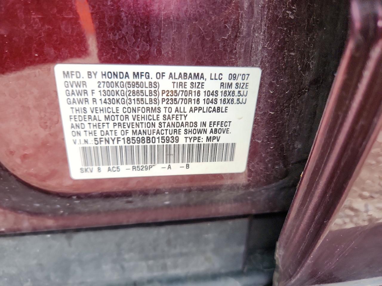 2008 Honda Pilot Exl Burgundy vin: 5FNYF18598B015939