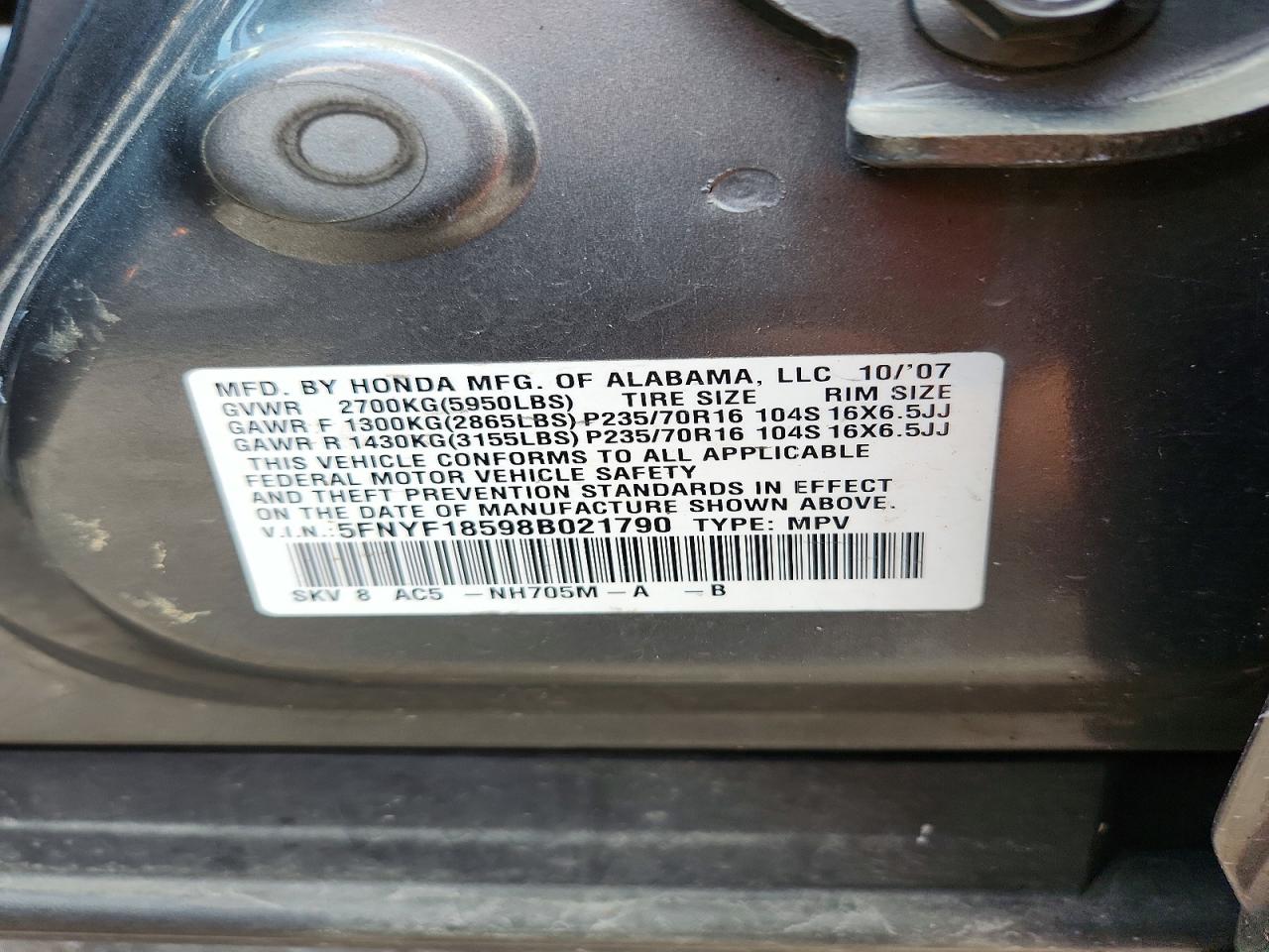 2008 Honda Pilot Exl Blue vin: 5FNYF18598B021790