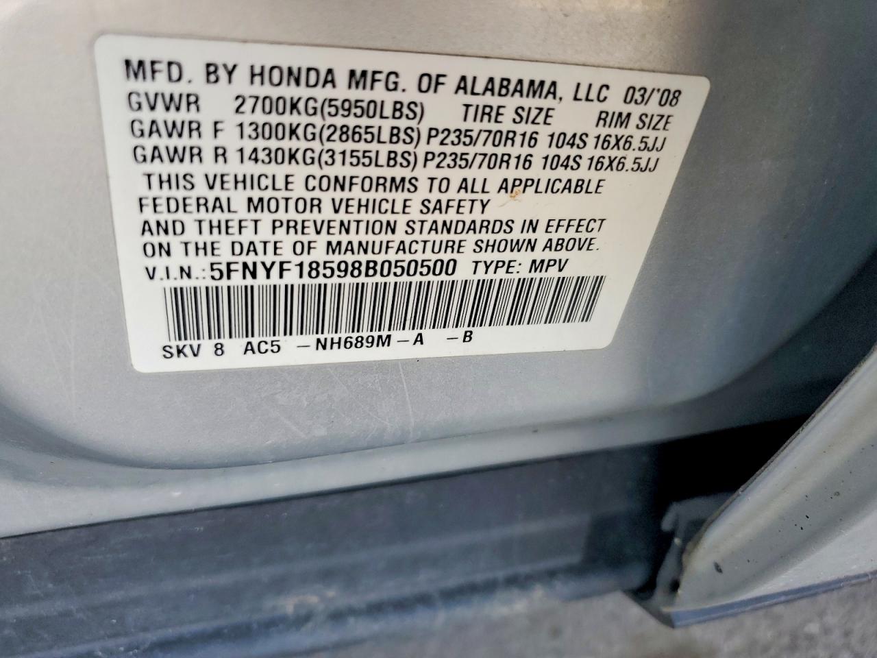 2008 Honda Pilot Exl Silver vin: 5FNYF18598B050500