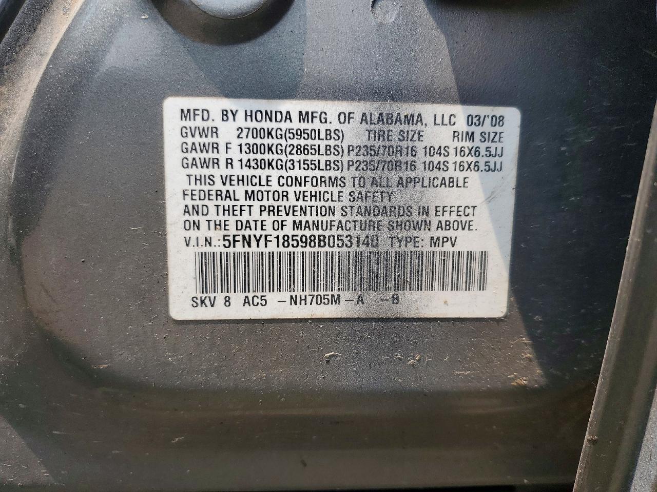 2008 Honda Pilot Exl Gray vin: 5FNYF18598B053140