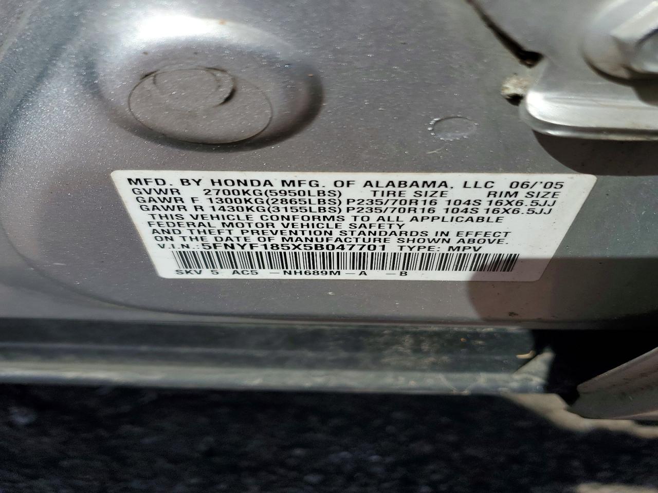 2005 Honda Pilot Exl Silver vin: 5FNYF185X5B047701