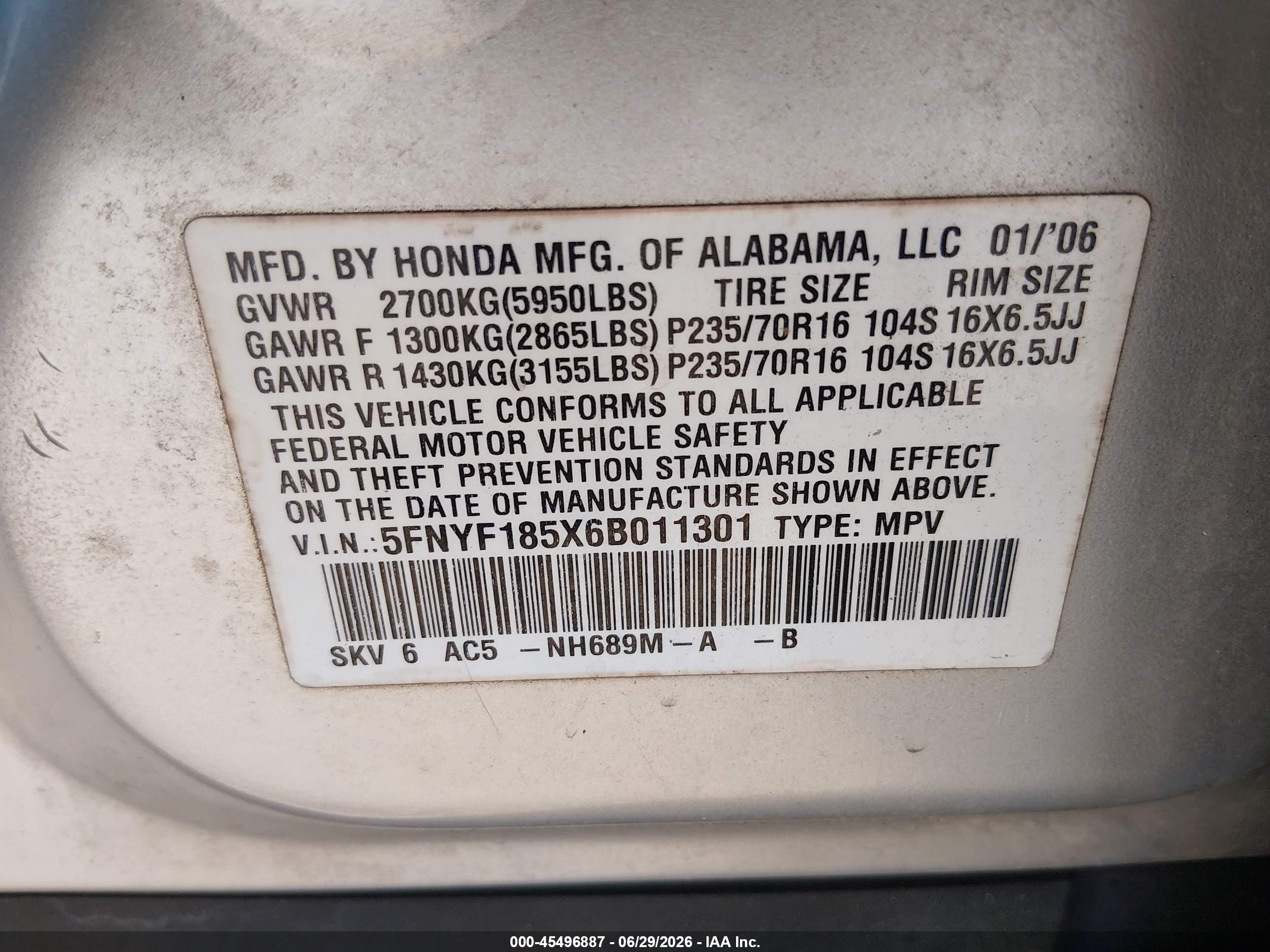 2006 Honda Pilot Ex-l Silver vin: 5FNYF185X6B011301