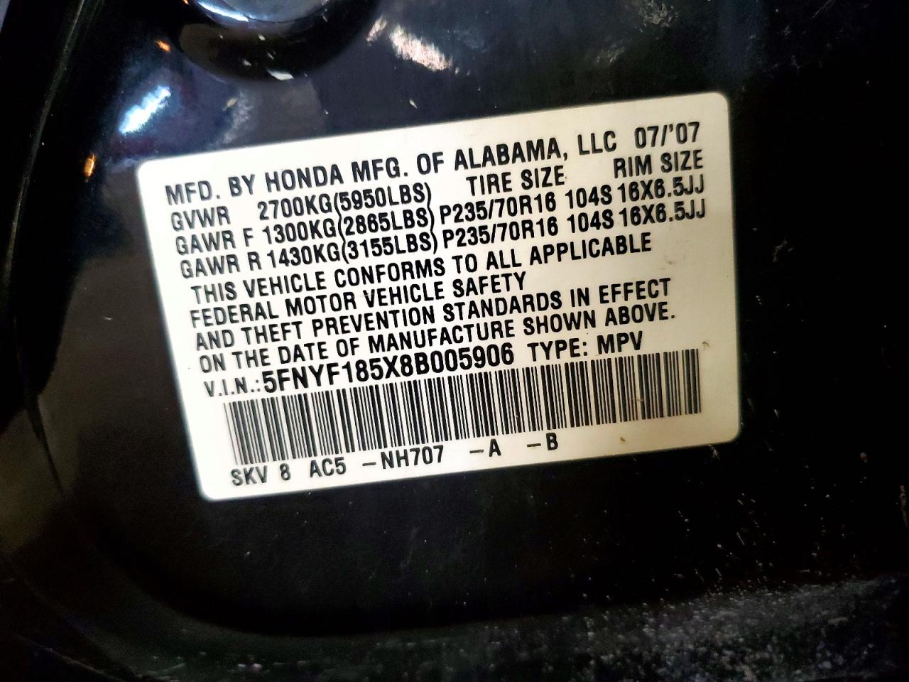 2008 Honda Pilot Exl Black vin: 5FNYF185X8B005906