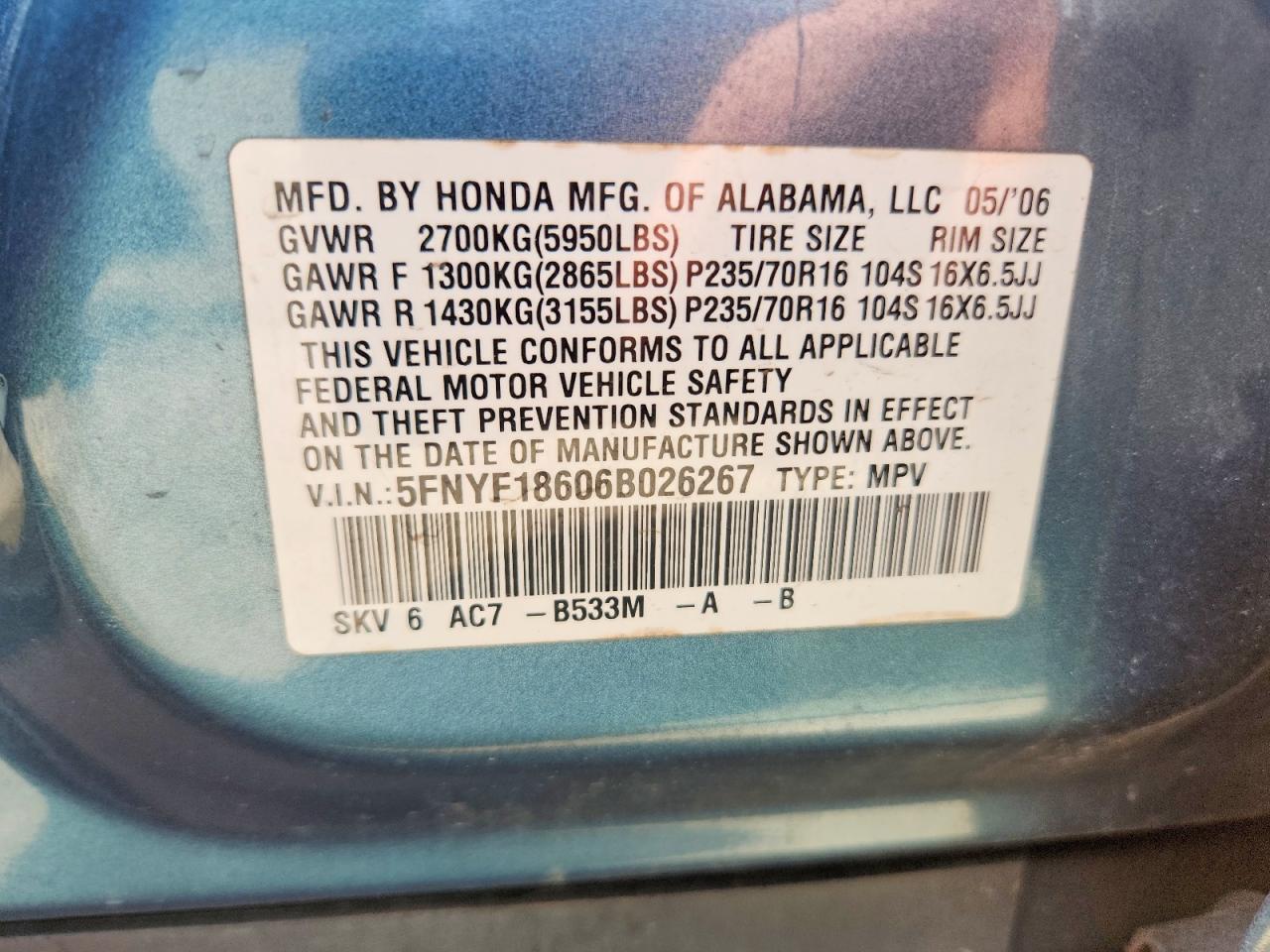 2006 Hond Pilot Blue vin: 5FNYF18606B026267