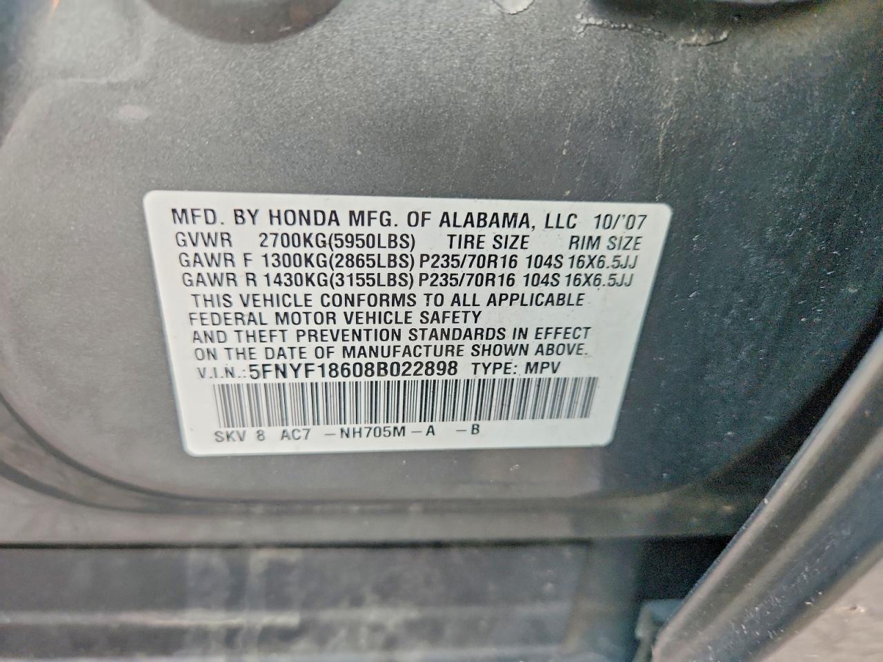 2008 Honda Pilot Exl Gray vin: 5FNYF18608B022898