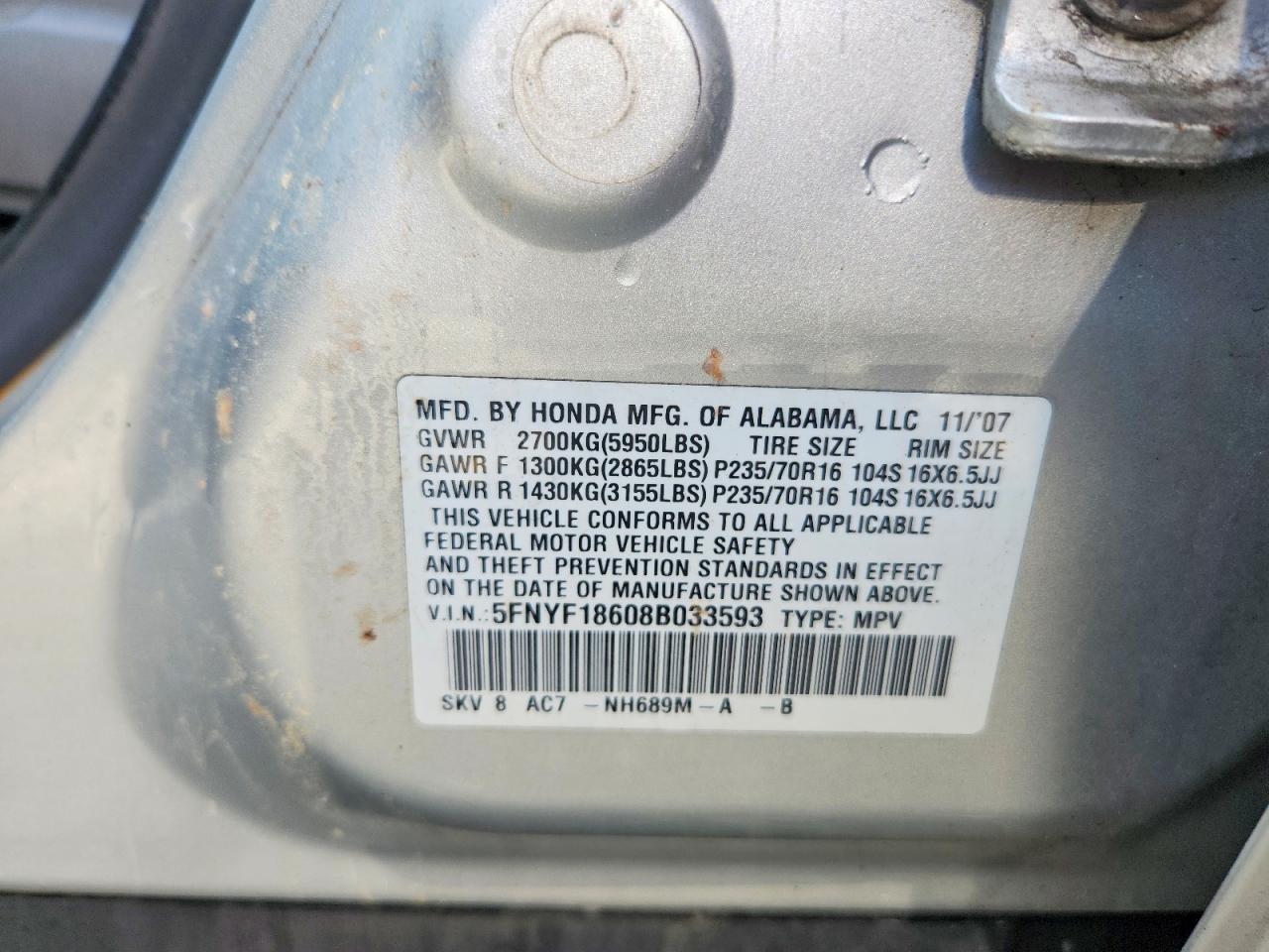 2008 Honda Pilot Exl Silver vin: 5FNYF18608B033593