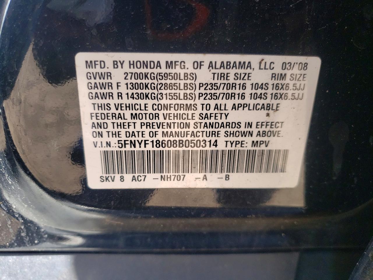 2008 Honda Pilot Exl Black vin: 5FNYF18608B050314