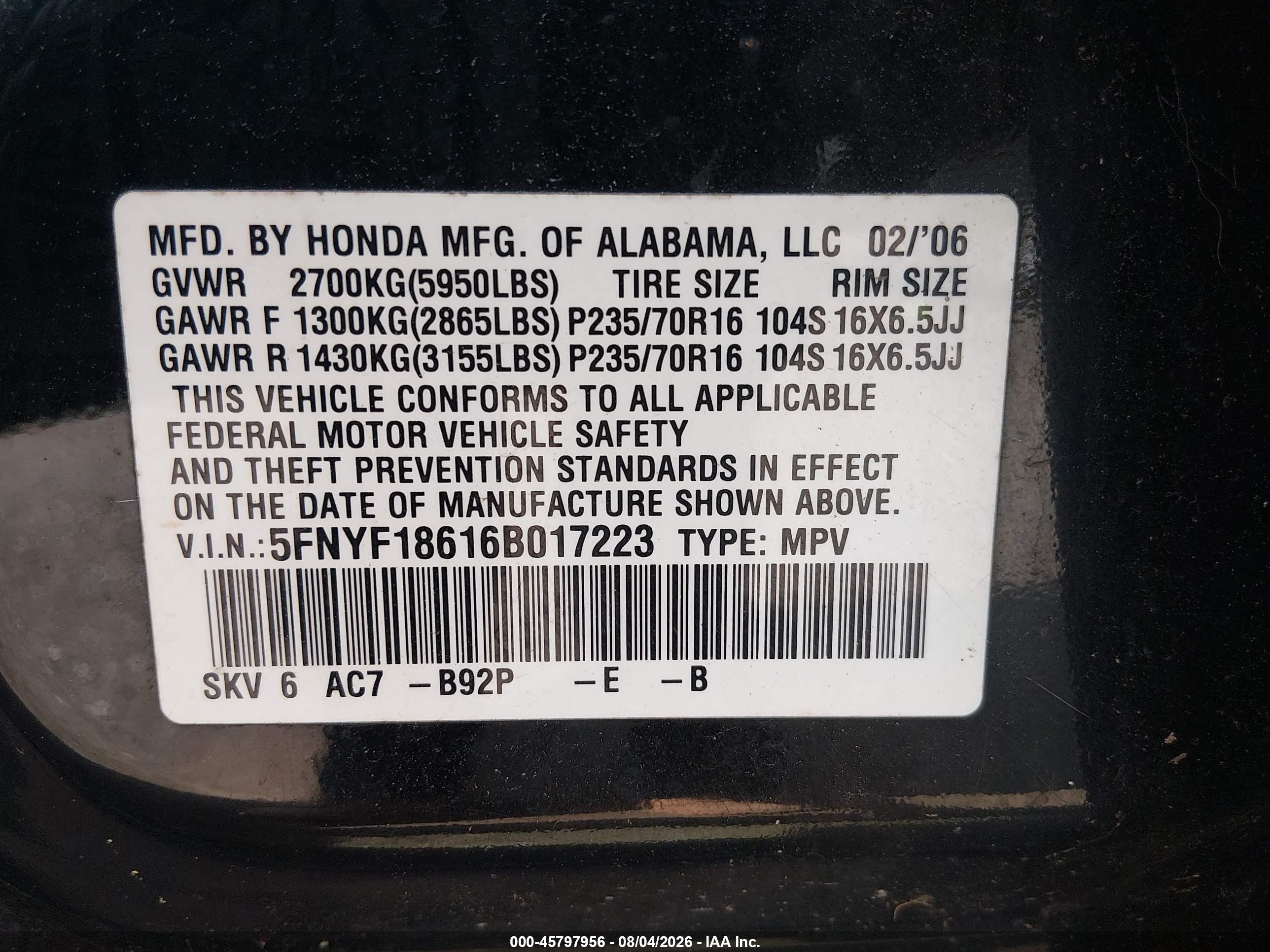 2006 Honda Pilot Ex-l Черный vin: 5FNYF18616B017223