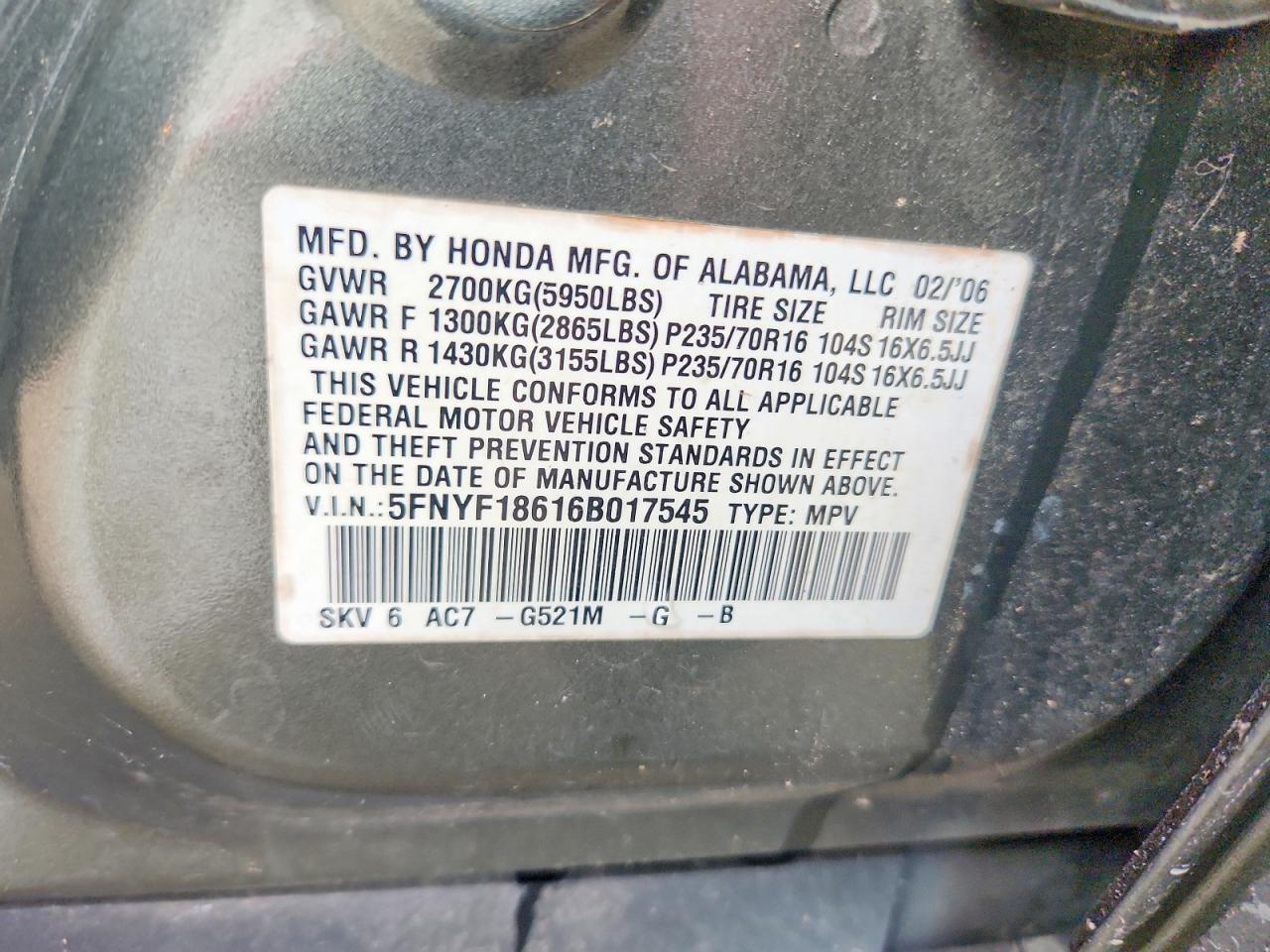 2006 Honda Pilot Ex Green vin: 5FNYF18616B017545
