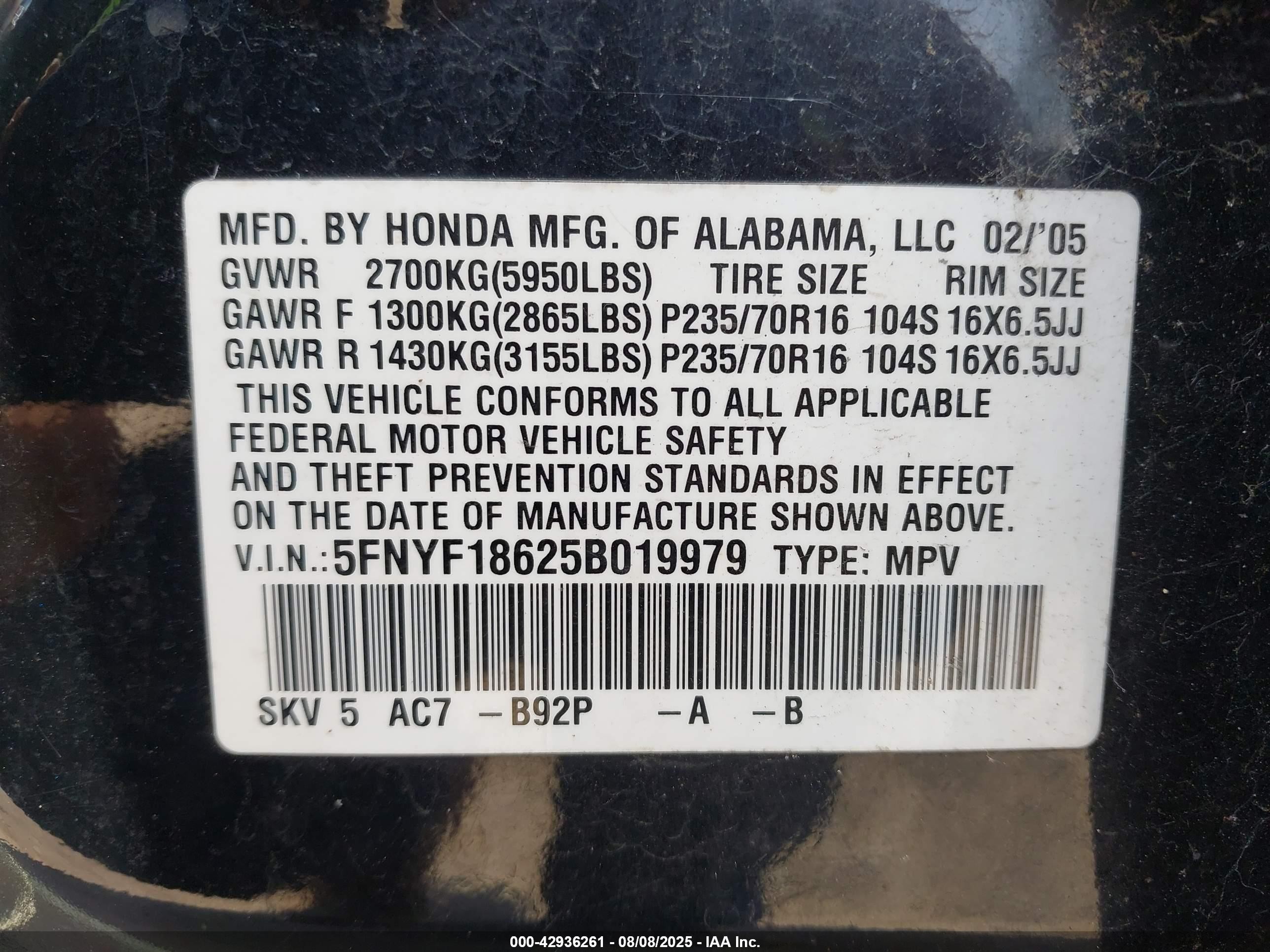 2005 Honda Pilot Ex-l Black vin: 5FNYF18625B019979