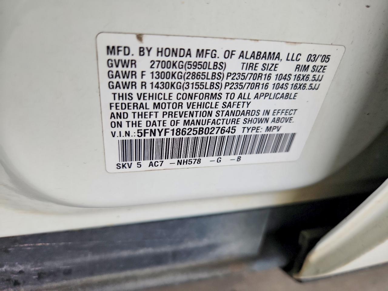 2005 Honda Pilot Exl White vin: 5FNYF18625B027645