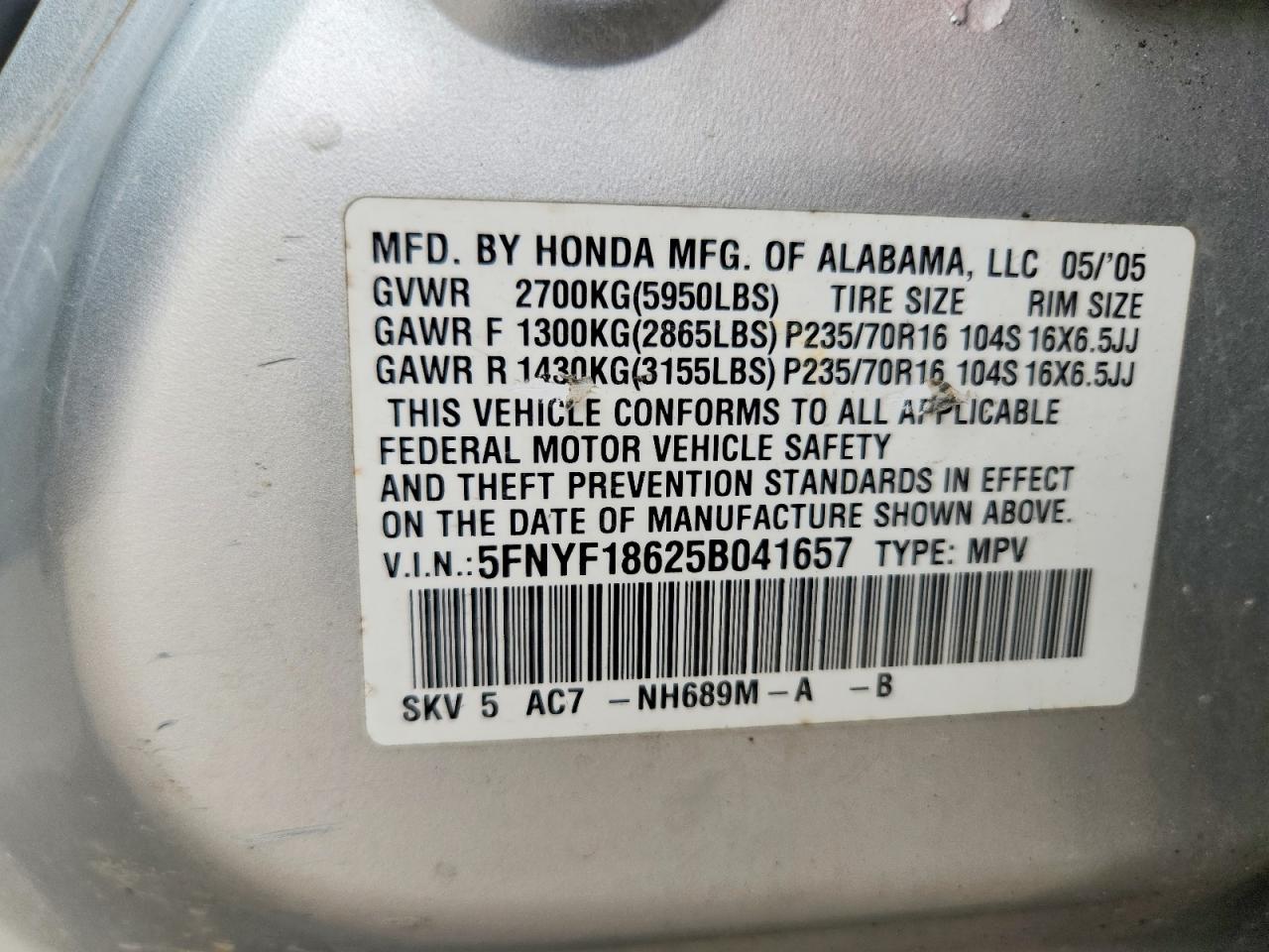 2005 Honda Pilot Exl Silver vin: 5FNYF18625B041657