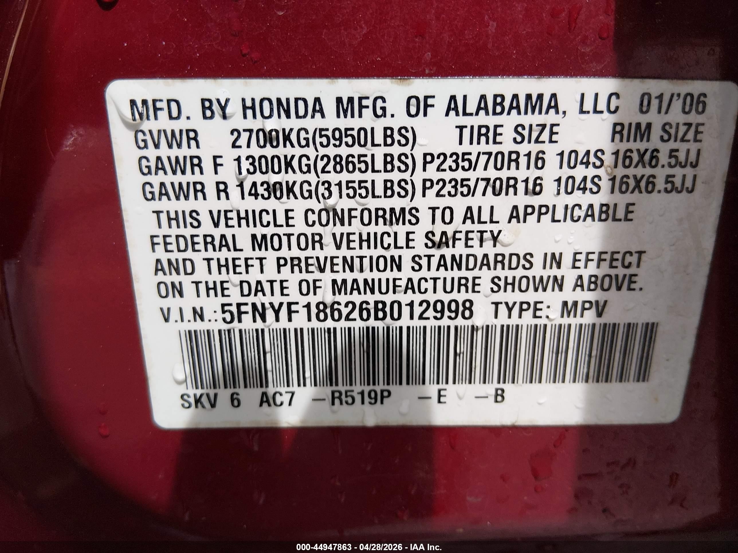 2006 Honda Pilot Ex-l Red vin: 5FNYF18626B012998
