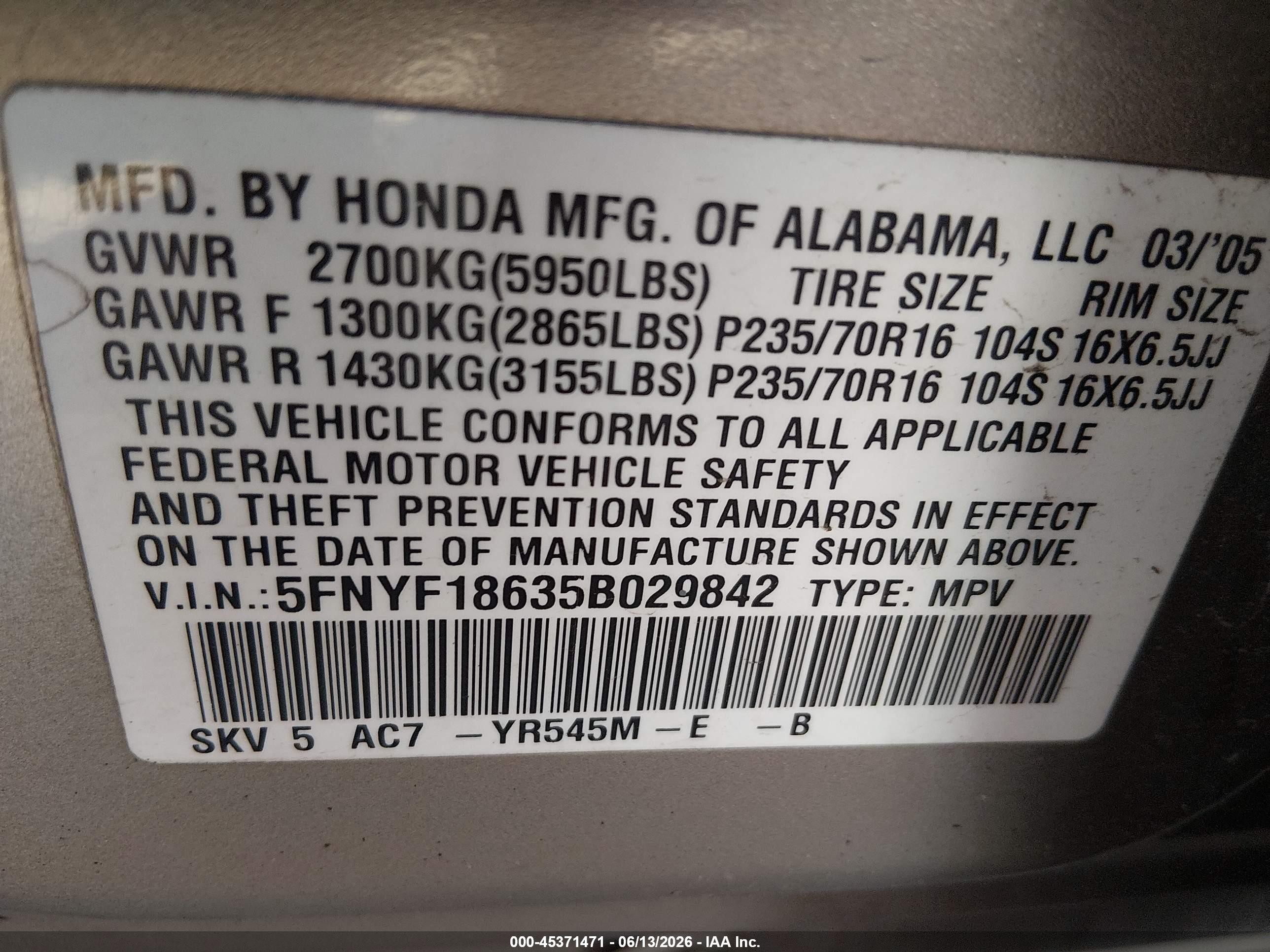 2005 Honda Pilot Ex-l Brown vin: 5FNYF18635B029842