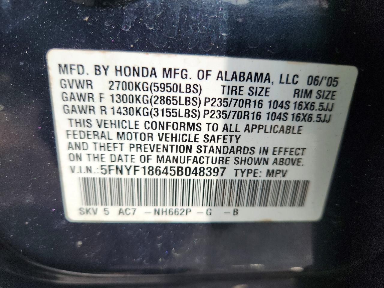 2005 Honda Pilot Exl Gray vin: 5FNYF18645B048397