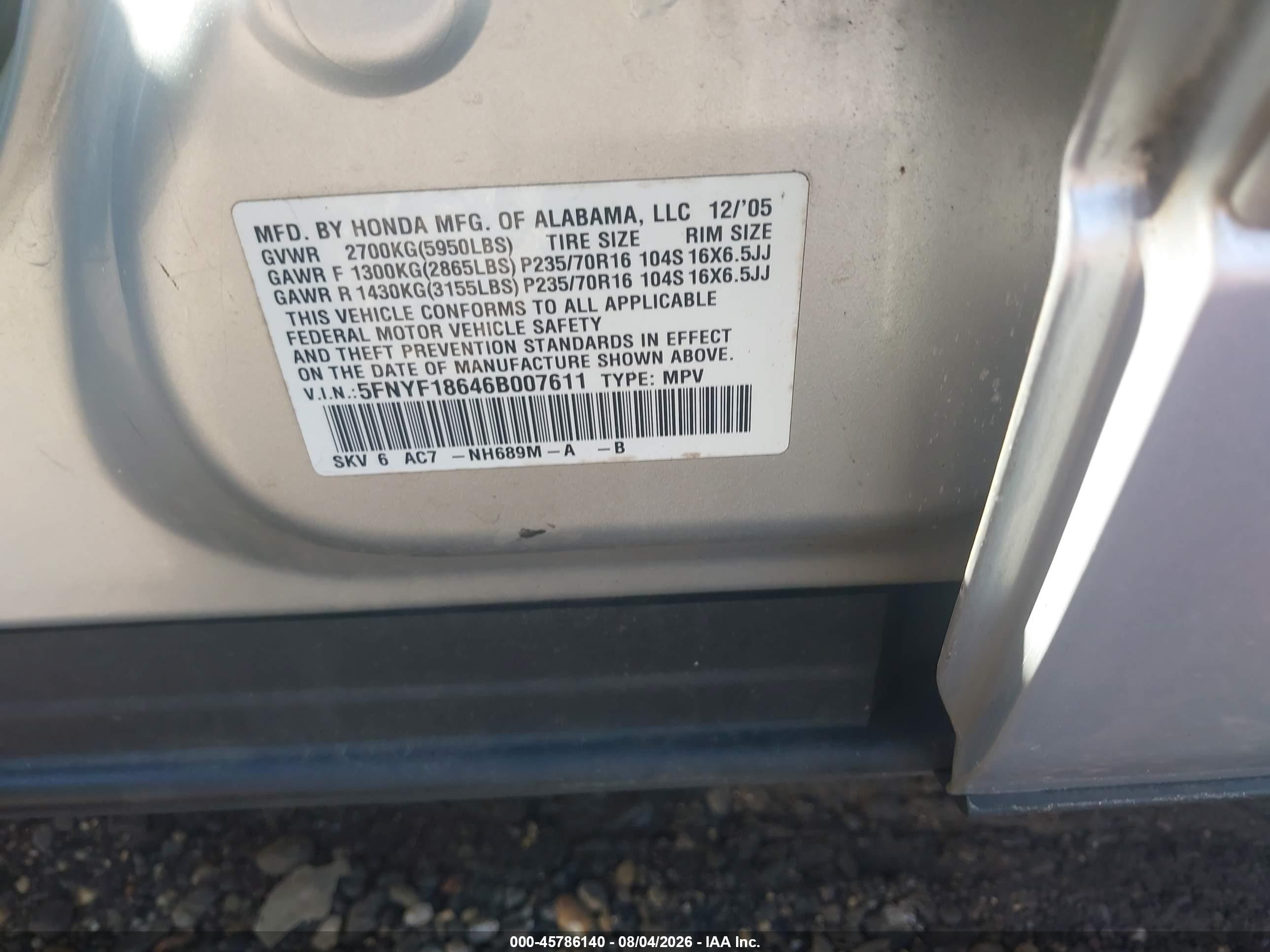 2006 Honda Pilot Ex-l Silver vin: 5FNYF18646B007611
